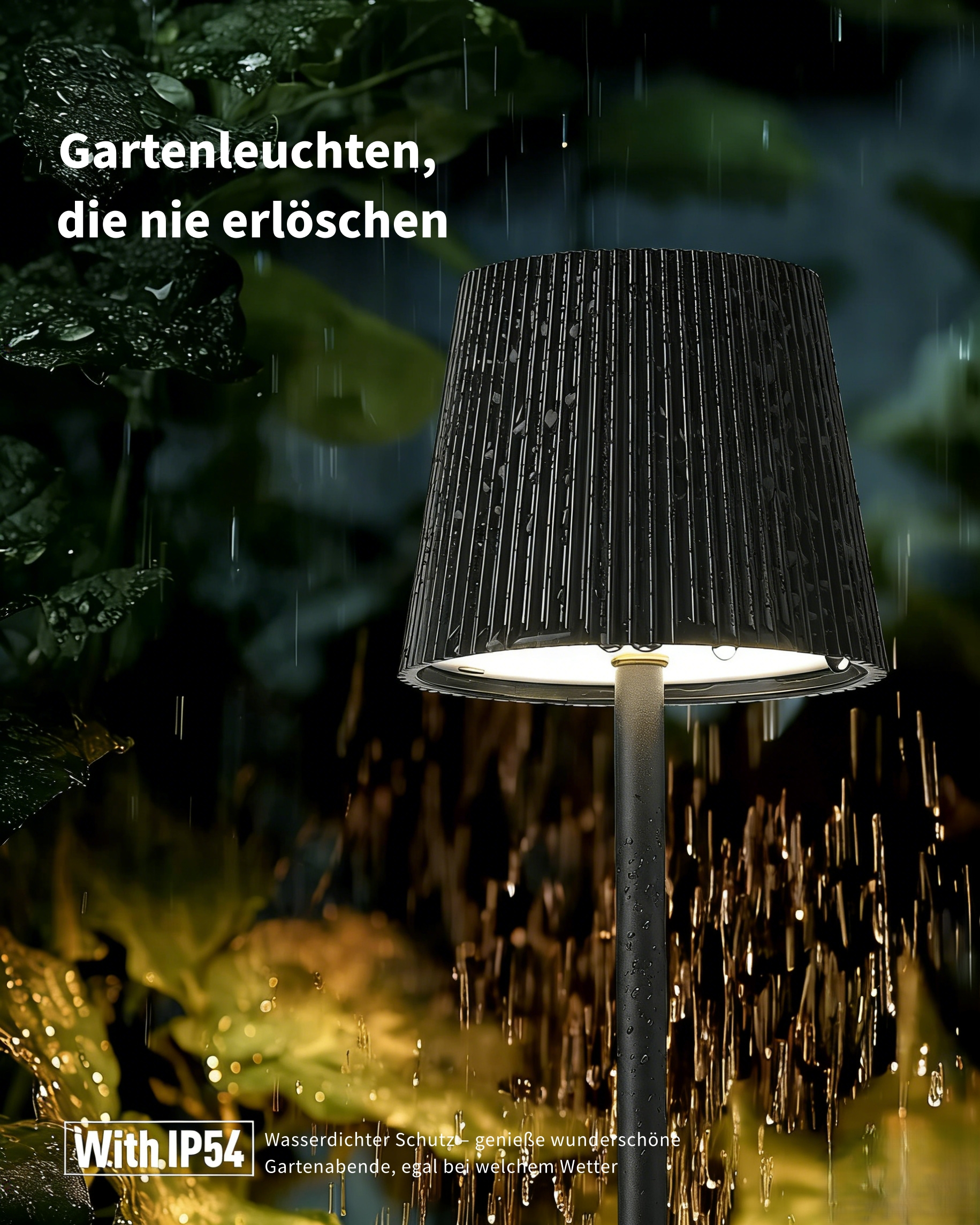 Gartenleuchte mit IP54 Schutz im Regen, mit Text 'Gartenleuchten, die nie erlöschen'.