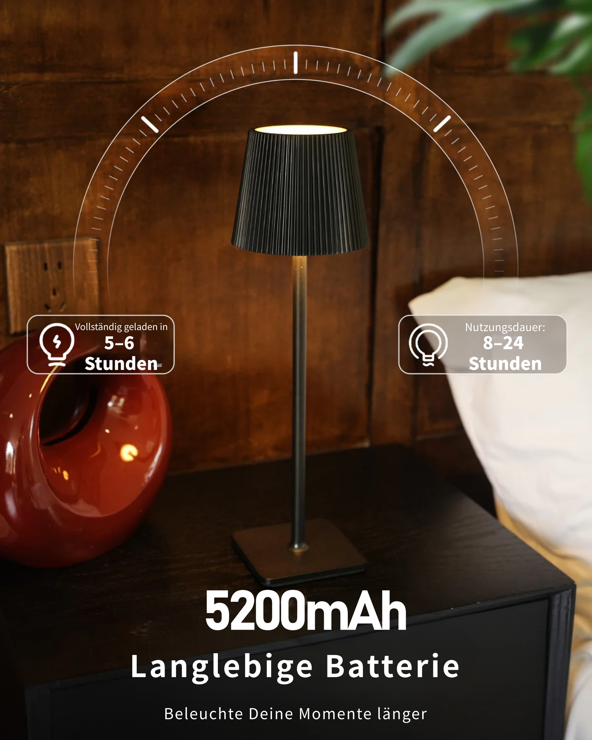 Schwarze Tischlampe mit 5200mAh Akku, lädt in 5-6h, läuft 8-24h.