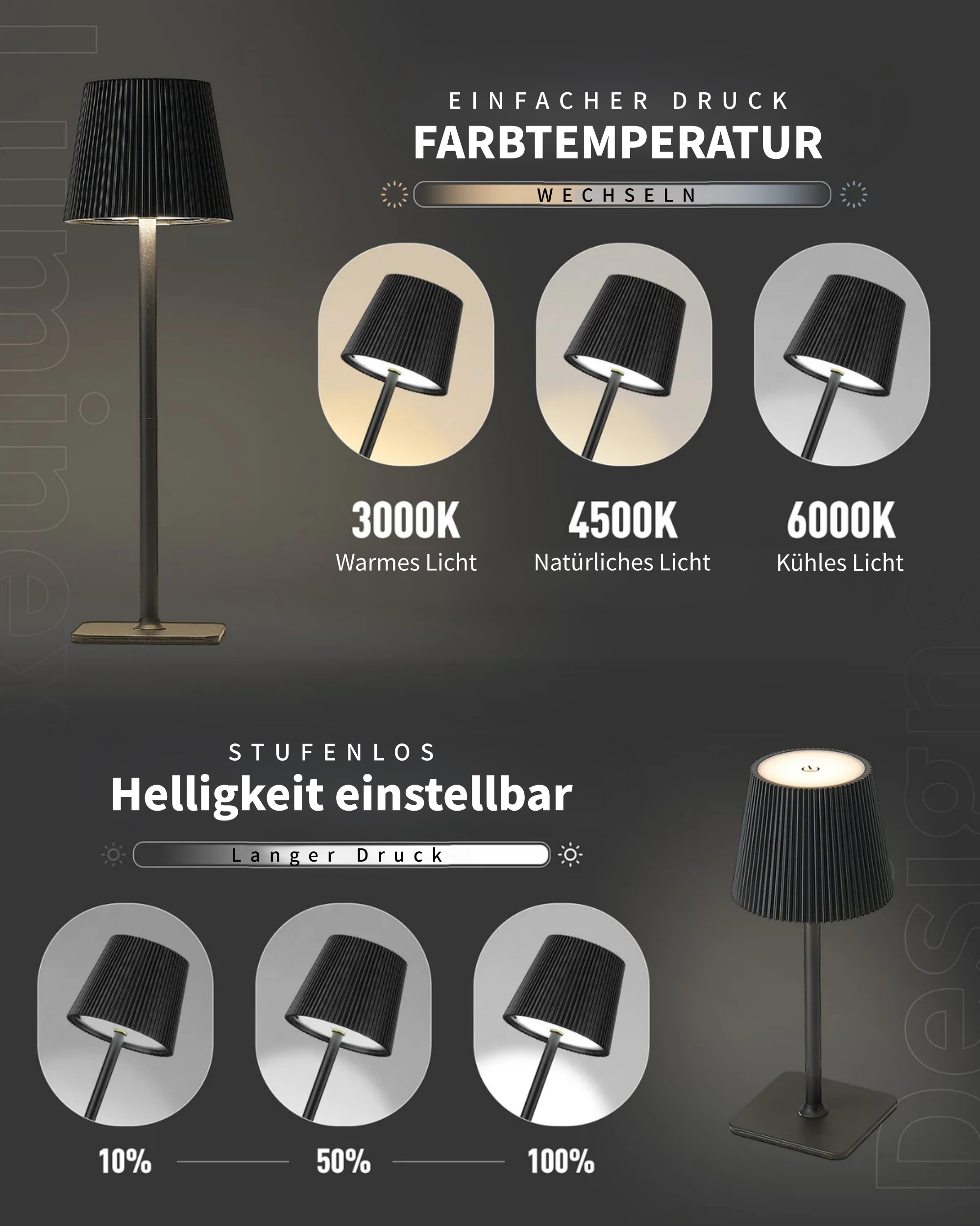 Lampe mit einstellbarer Lichtfarbe und Helligkeit. Zeigt 3000K, 4500K, 6000K und 10%, 50%, 100% Helligkeit.