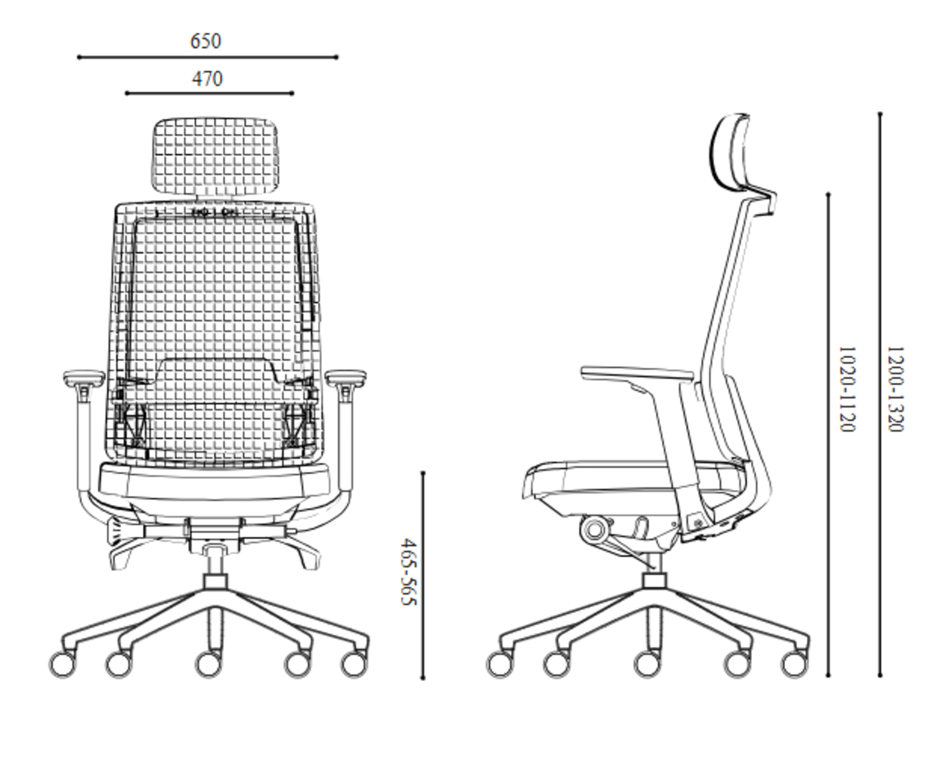Rysunek techniczny krzesła biurowego z wymiarami w milimetrach.