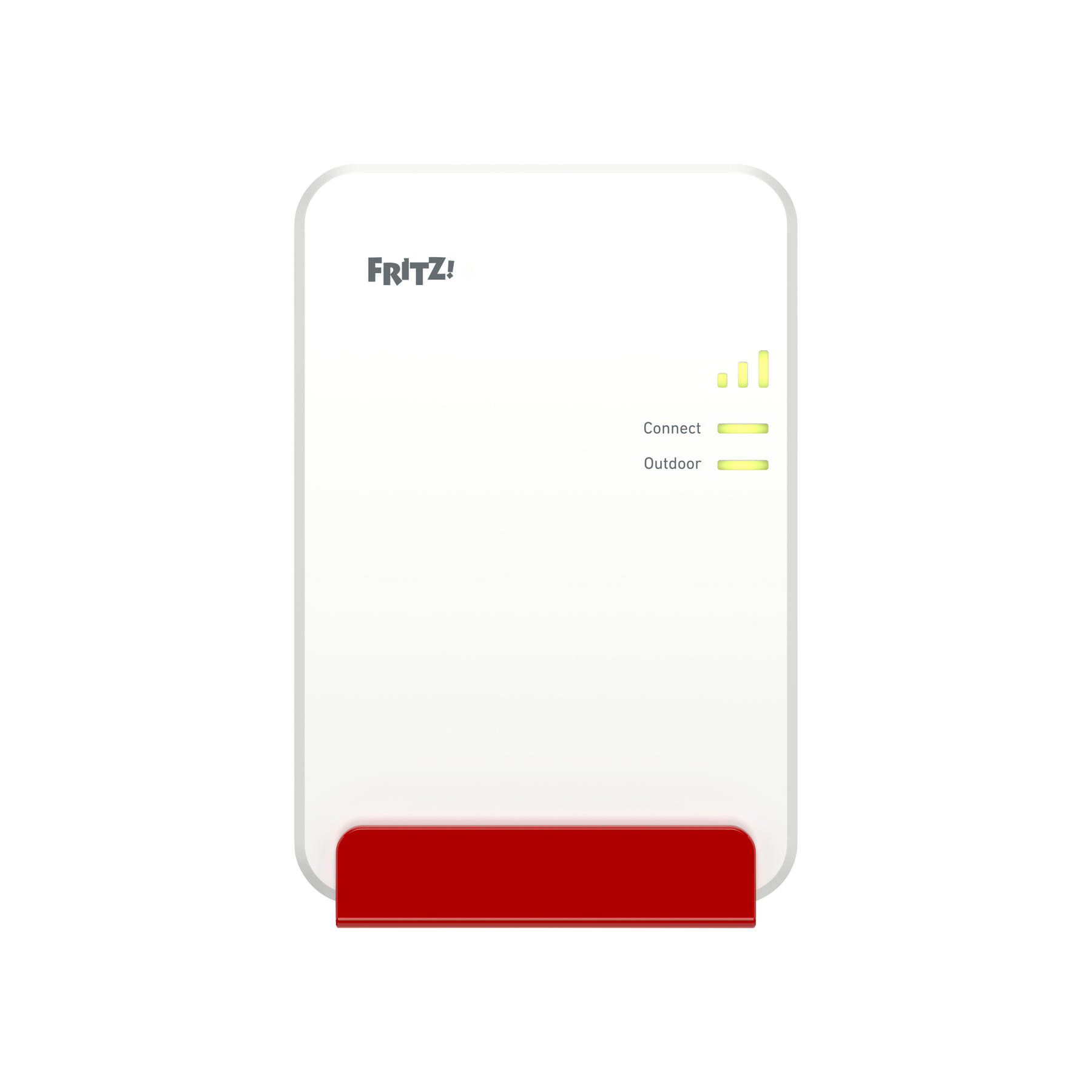 Weißer Fritz!Box Router mit rotem Sockel und grünen Lämpchen.