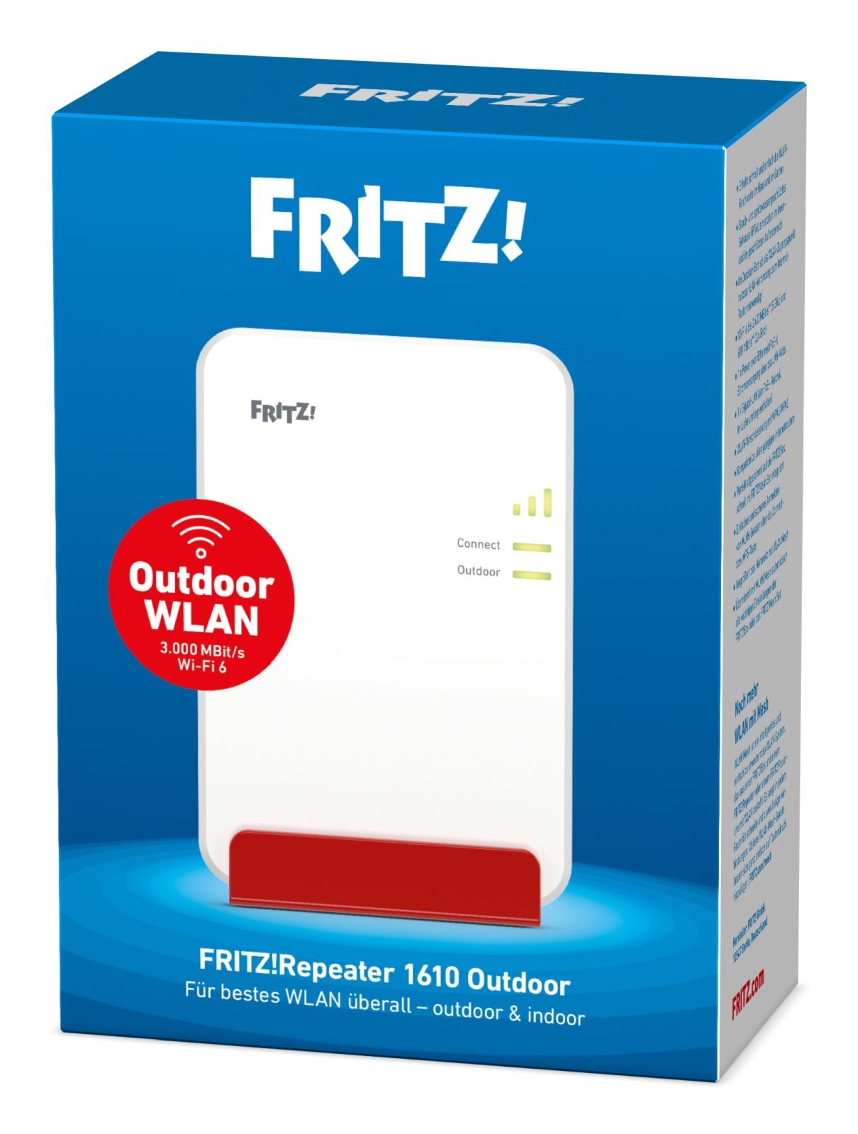 FRITZ!Box Repeater 1610 Outdoor-Verpackung mit weißem Gerät und roten Akzenten.