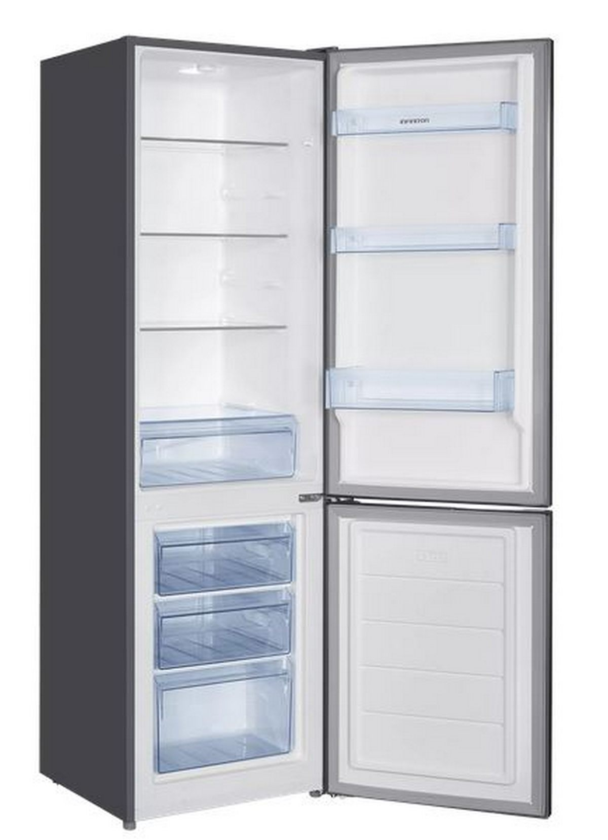 Un refrigerador abierto y oscuro con estantes y cajones.