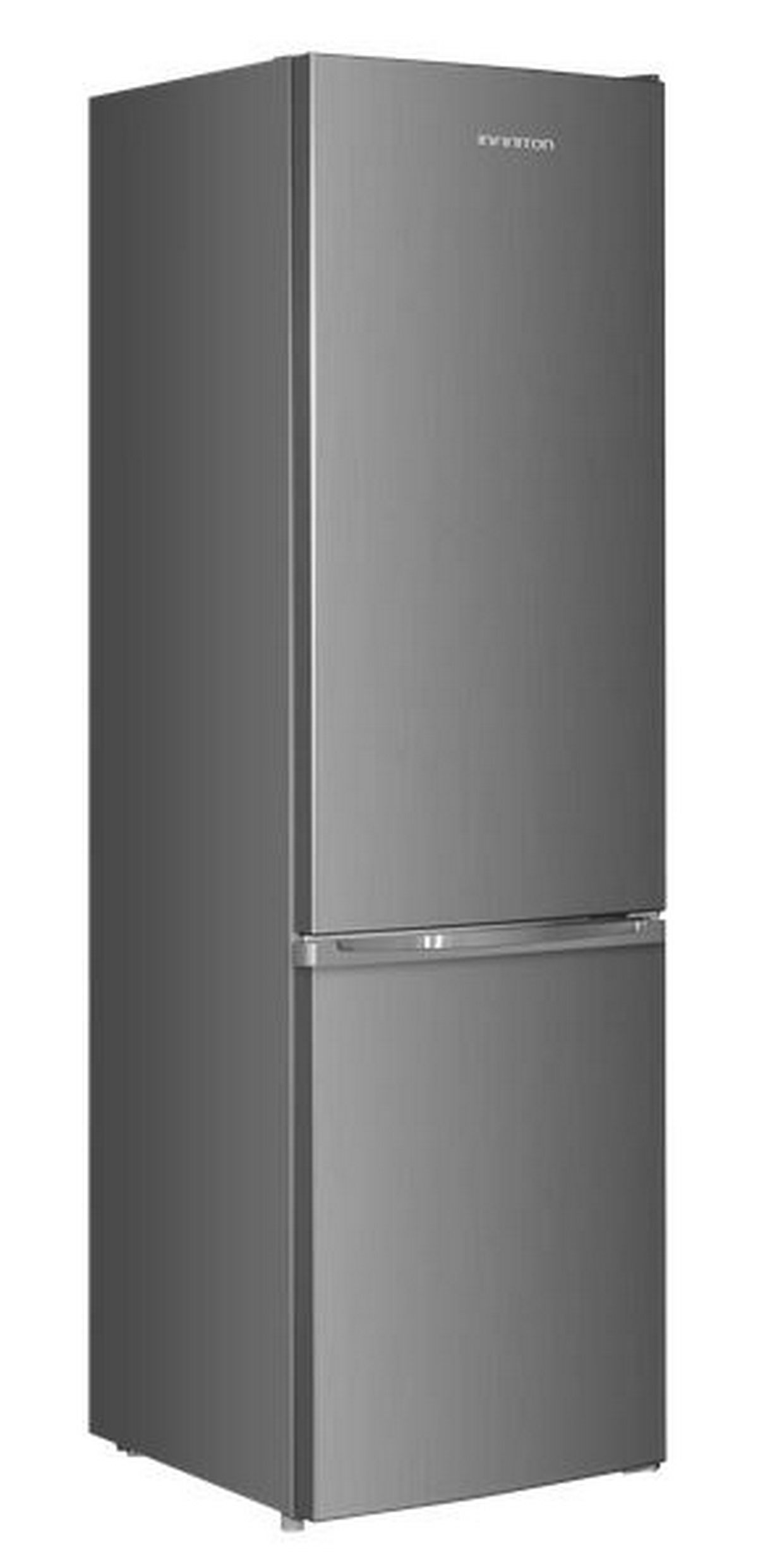 Un refrigerador elegante y gris con dos puertas y un asa plateada.