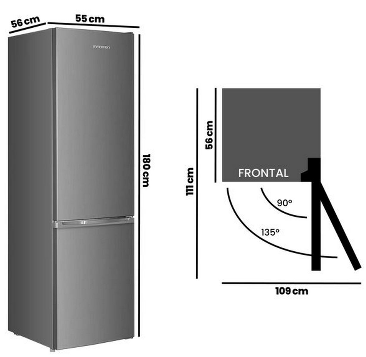 Refrigerador gris con dimensiones: 180x56x55 cm. Ángulos de apertura 90°/135°.