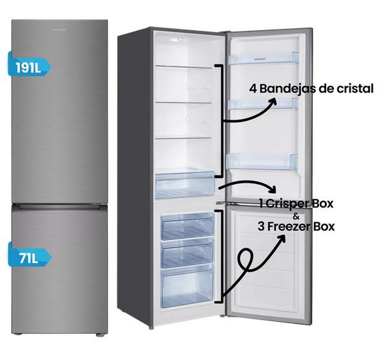 Un refrigerador plateado con la puerta abierta muestra estantes de vidrio y cajones.