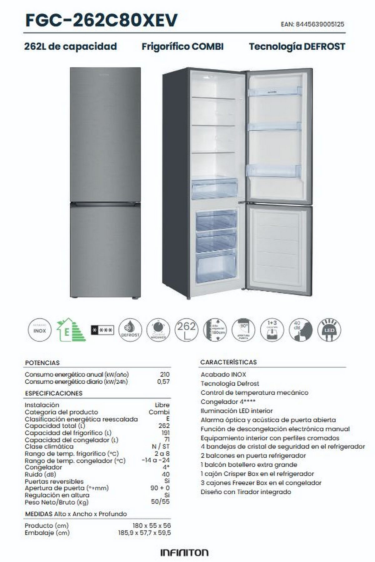 Refrigerador-congelador plateado, modelo FGC-262C80XEV, con las puertas abiertas.