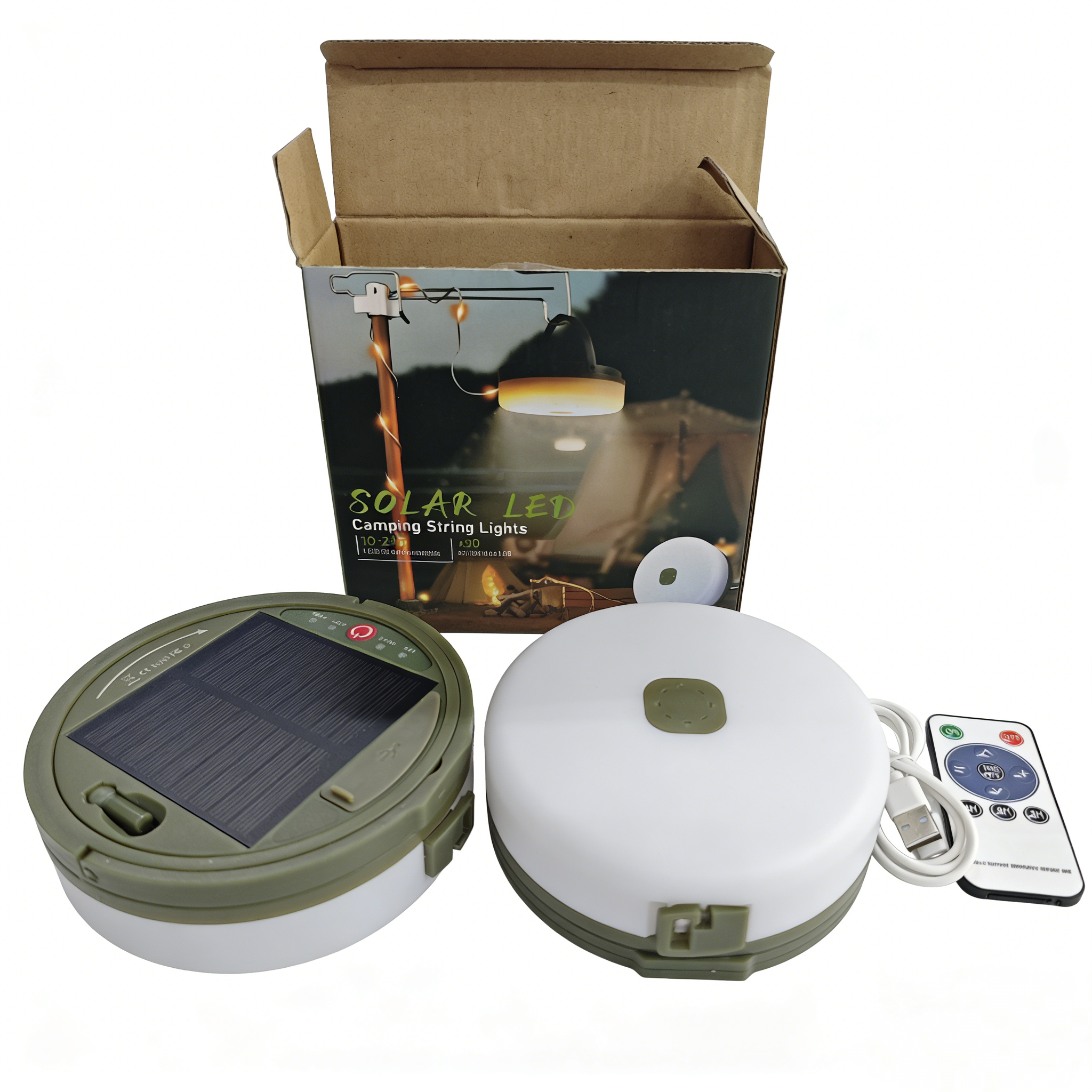 Ein Solar-LED-Campinglicht, eine Lampe und eine Fernbedienung auf weißem Hintergrund.