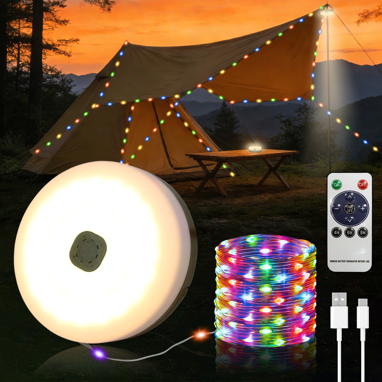 Zelt mit bunten Lichterketten, Lampe, Tisch und Fernbedienung im Abendlicht.