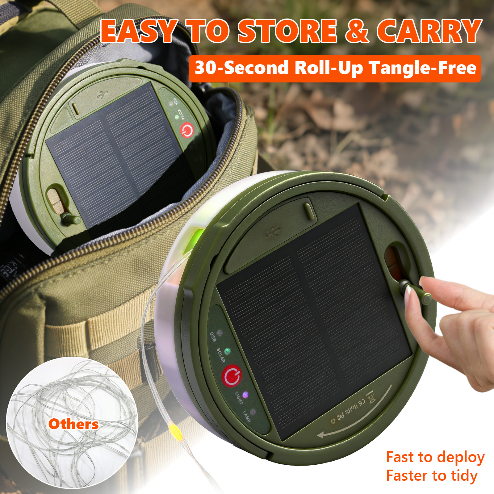 Grüne Solar-Lampe in Tasche, mit Hand beim Einstellen.