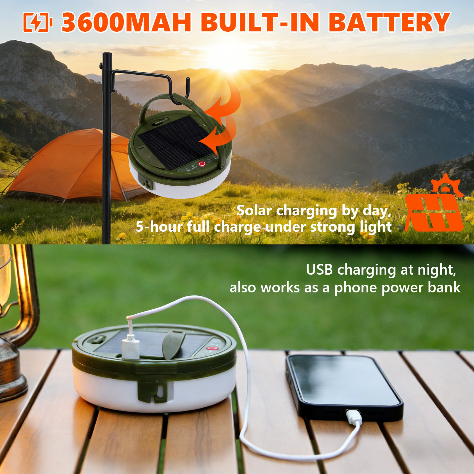 Grüne Lampe lädt Handy an einem Holztisch; Camping im Hintergrund.