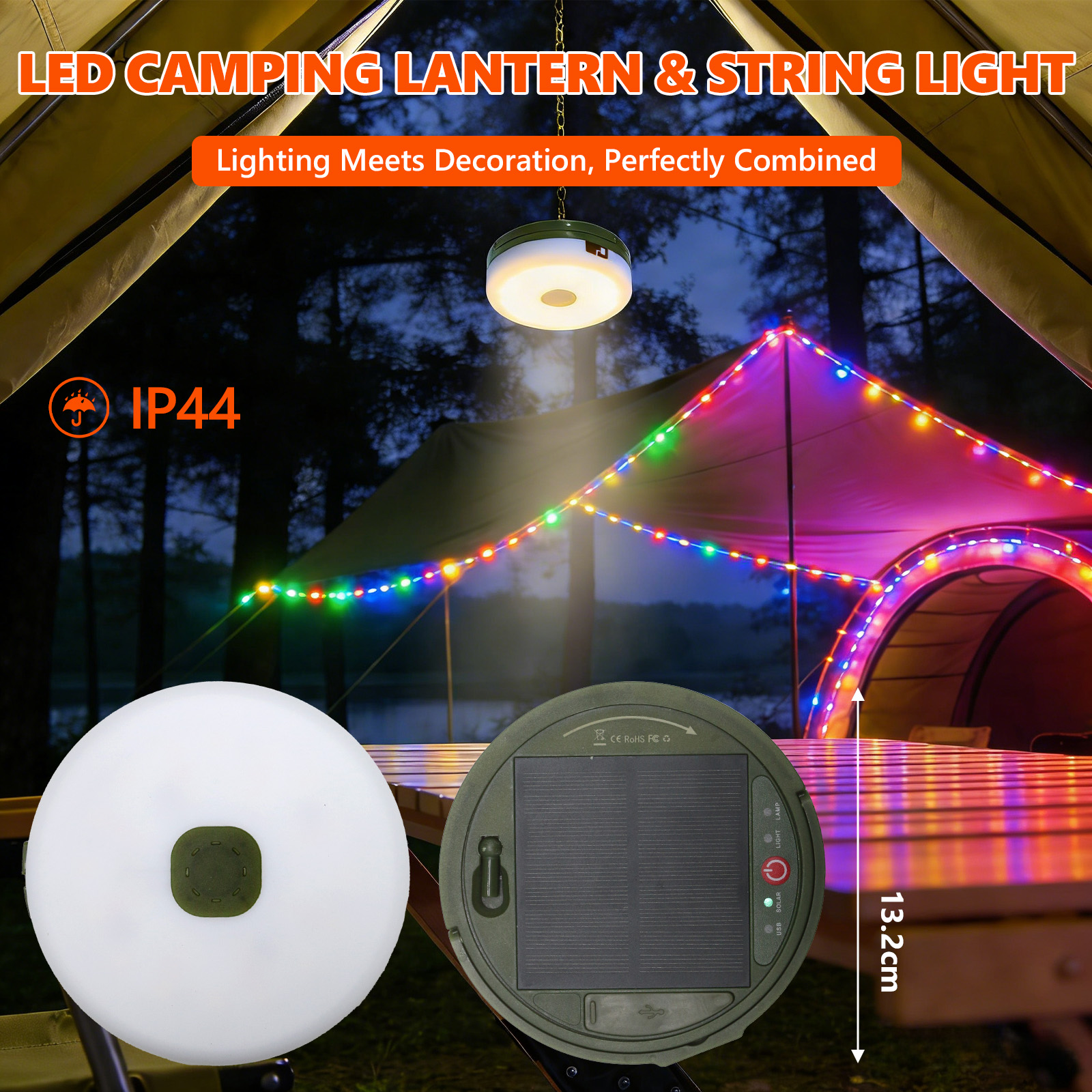 Camping-Laterne mit Solarpanel und Lichterkette. IP44.