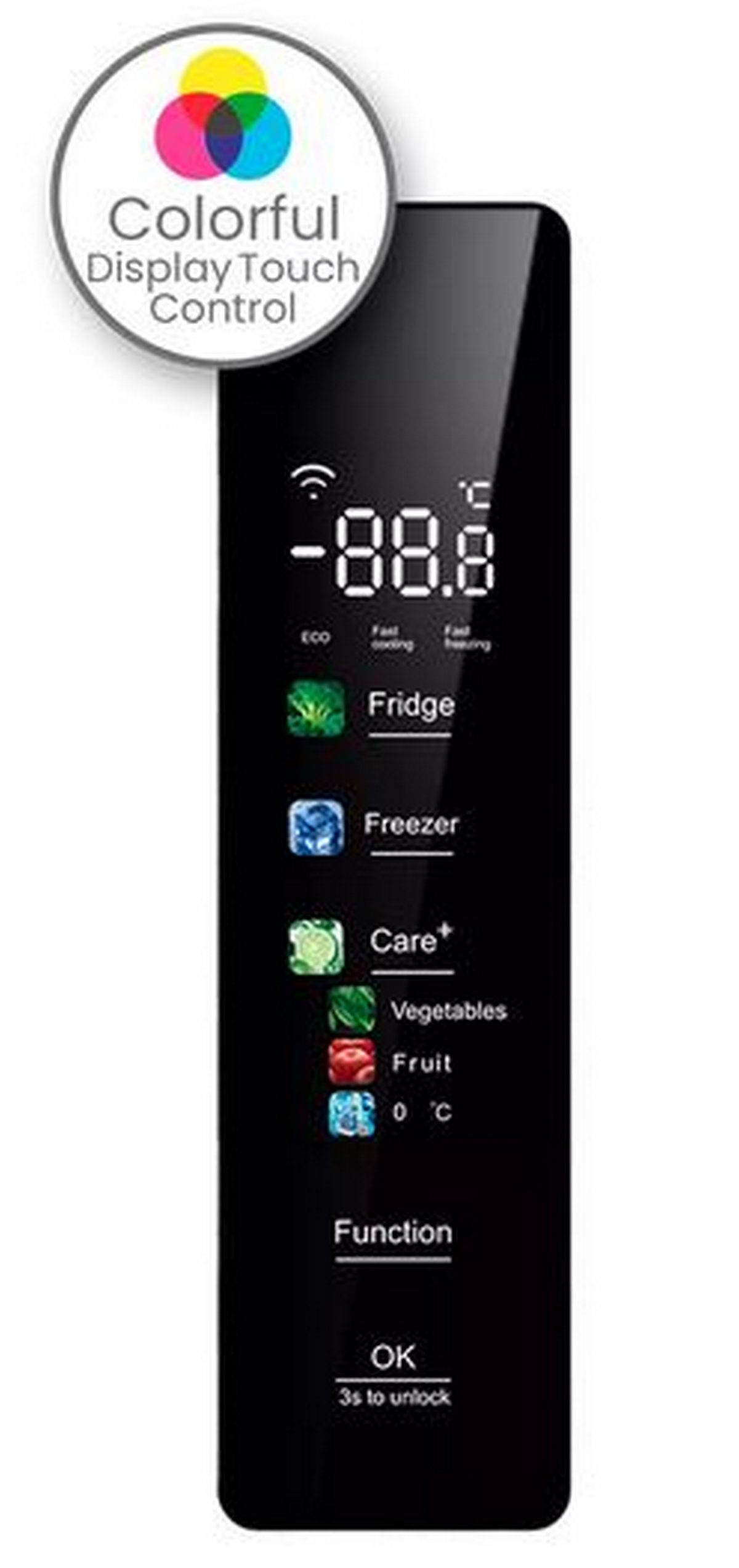 Un panel de control negro con iconos táctiles para nevera, congelador y más.