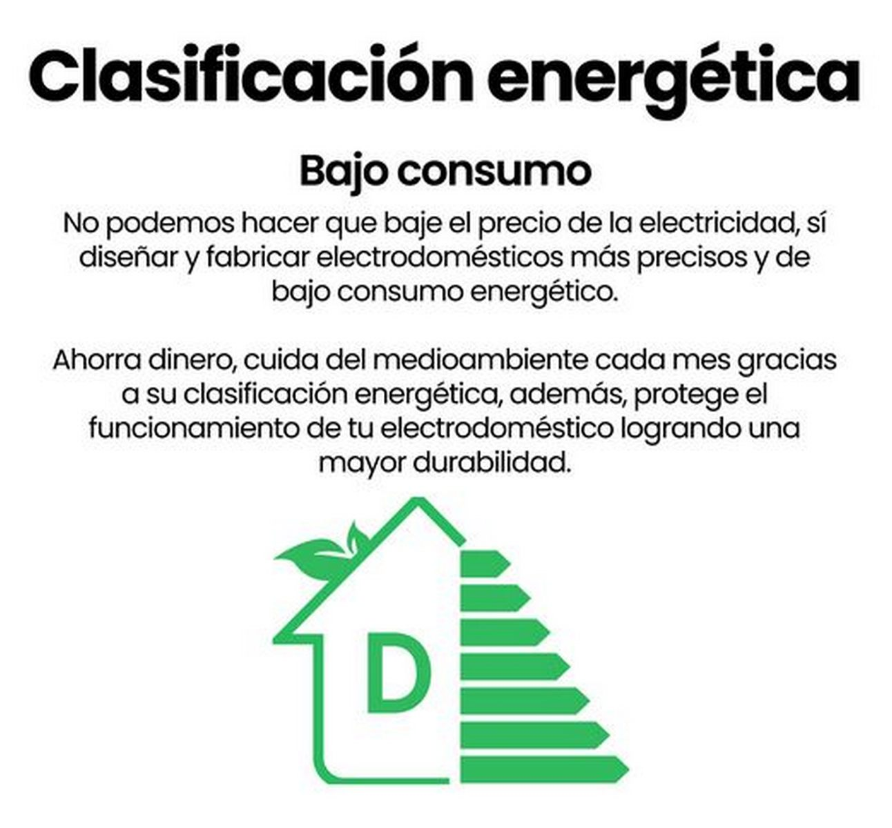 Etiqueta energética D, casa con hoja, bajo consumo. Ahorra dinero y medioambiente.
