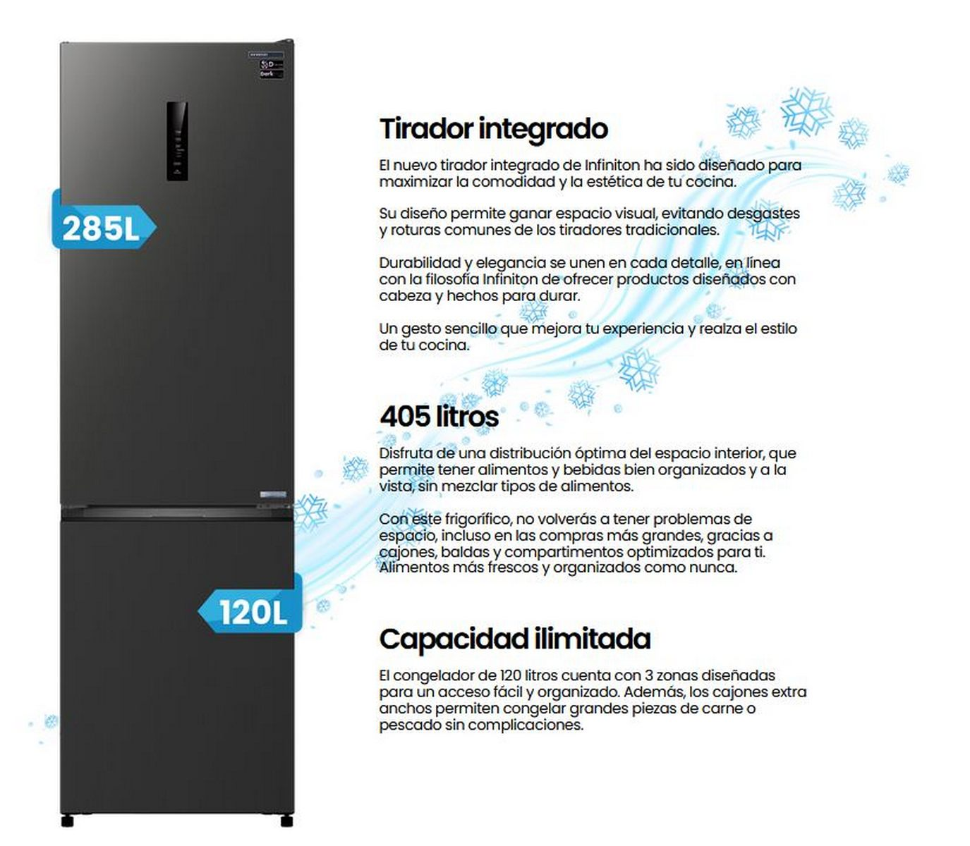 Refrigerador negro con tirador integrado. Parte superior 285L, inferior 120L.