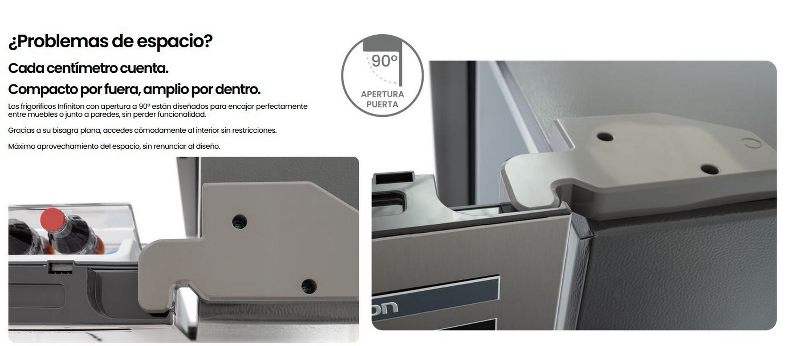 Un frigorífico con apertura de puerta de 90 grados, cerca de muebles.