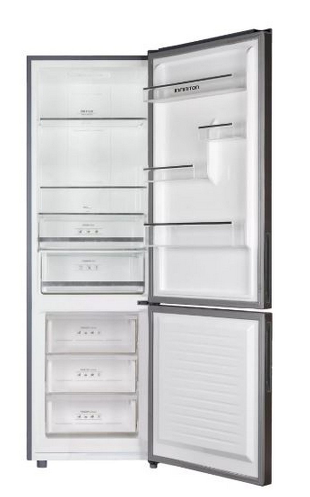 Un refrigerador abierto y vacío con varios estantes y cajones.