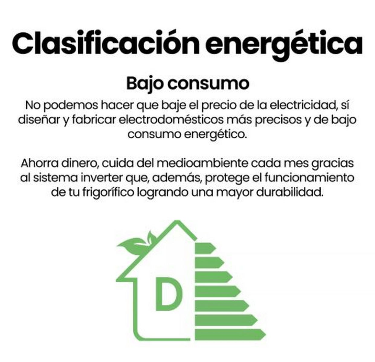 Clase de eficiencia energética D. Casa con hoja y barras.