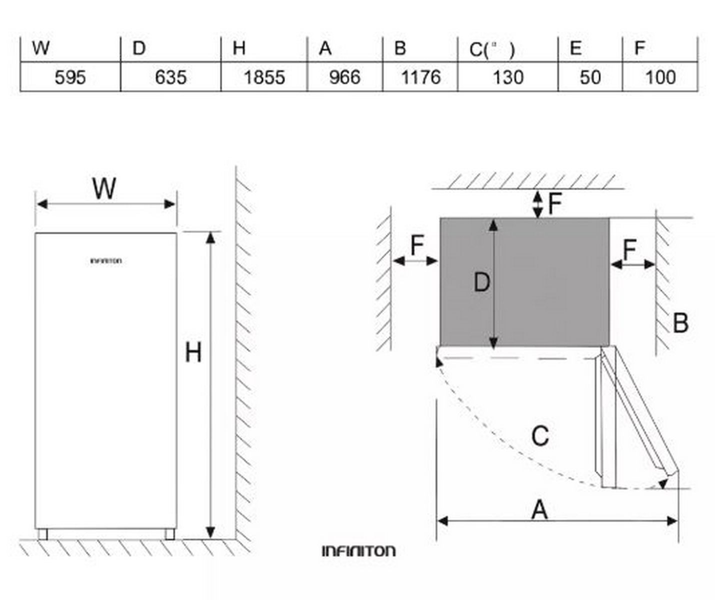 Dibujo técnico de un refrigerador con dimensiones.