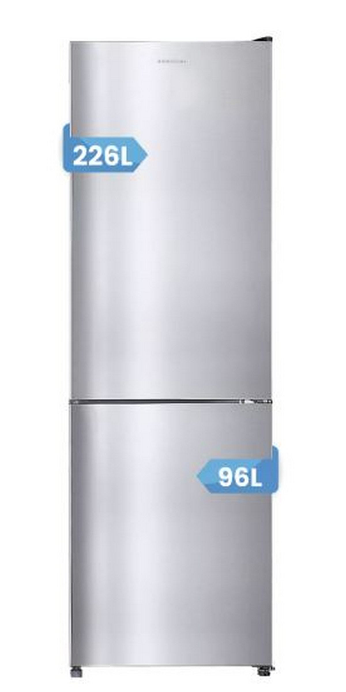 Refrigerador plateado de dos puertas, 226L arriba y 96L abajo.