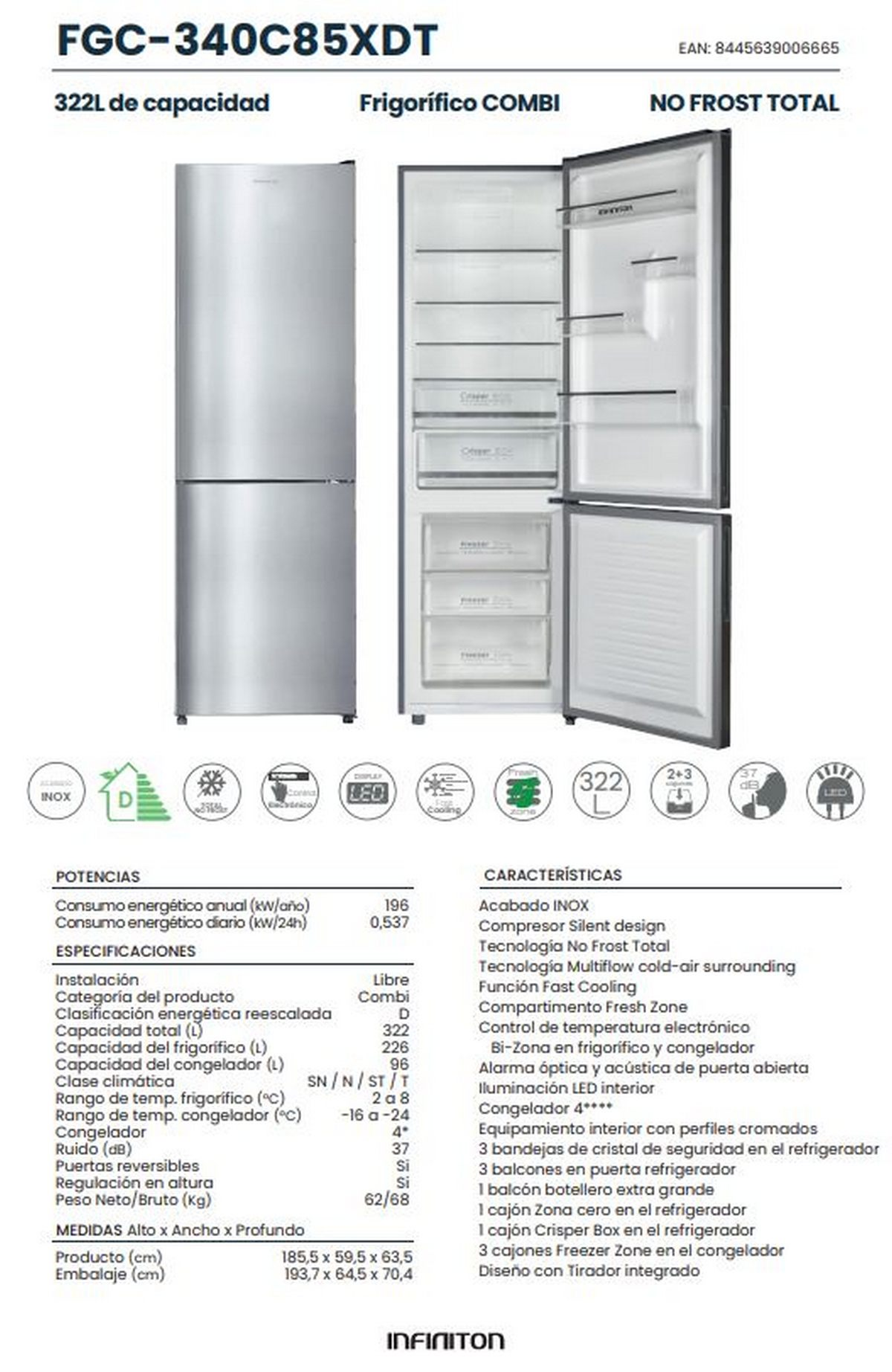 Un refrigerador plateado con la puerta abierta, mostrando estantes y cajones.