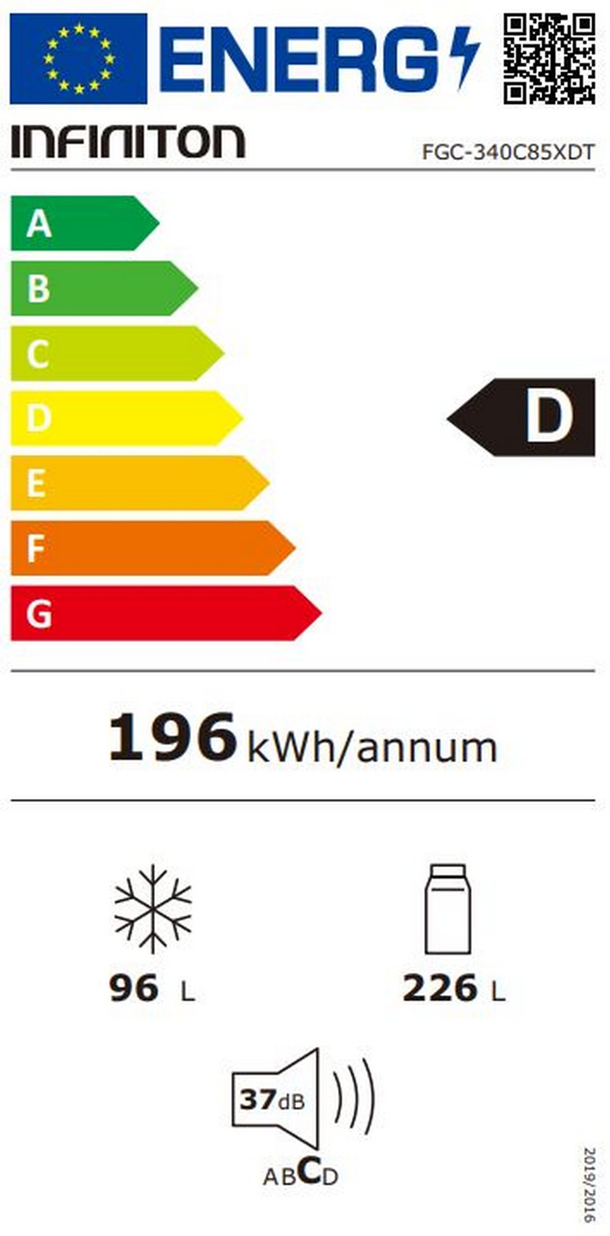 Etiqueta eficiencia energética D, 196 kWh/año, 96 L congelador, 226 L frigorífico, 37 dB ruido.