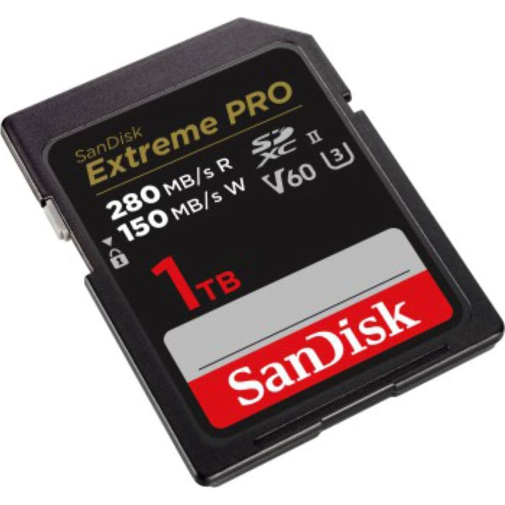 Eine schwarze SanDisk Extreme PRO 1TB SD-Karte mit roten und grauen Akzenten.