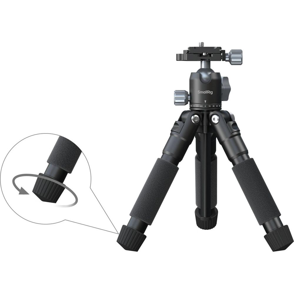 A black SmallRig tripod with foam grips and a close-up inset showing a rotating foot.