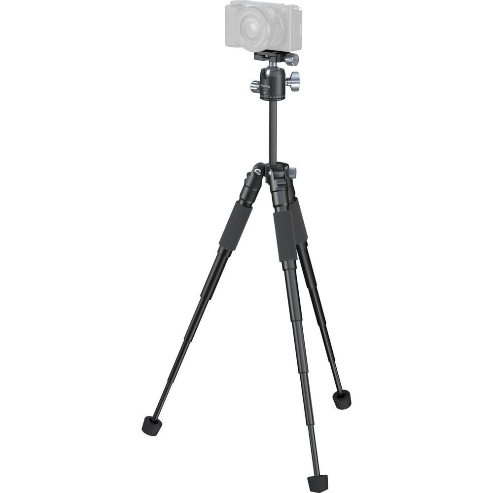 A black tripod with a camera on top, set against a white background.