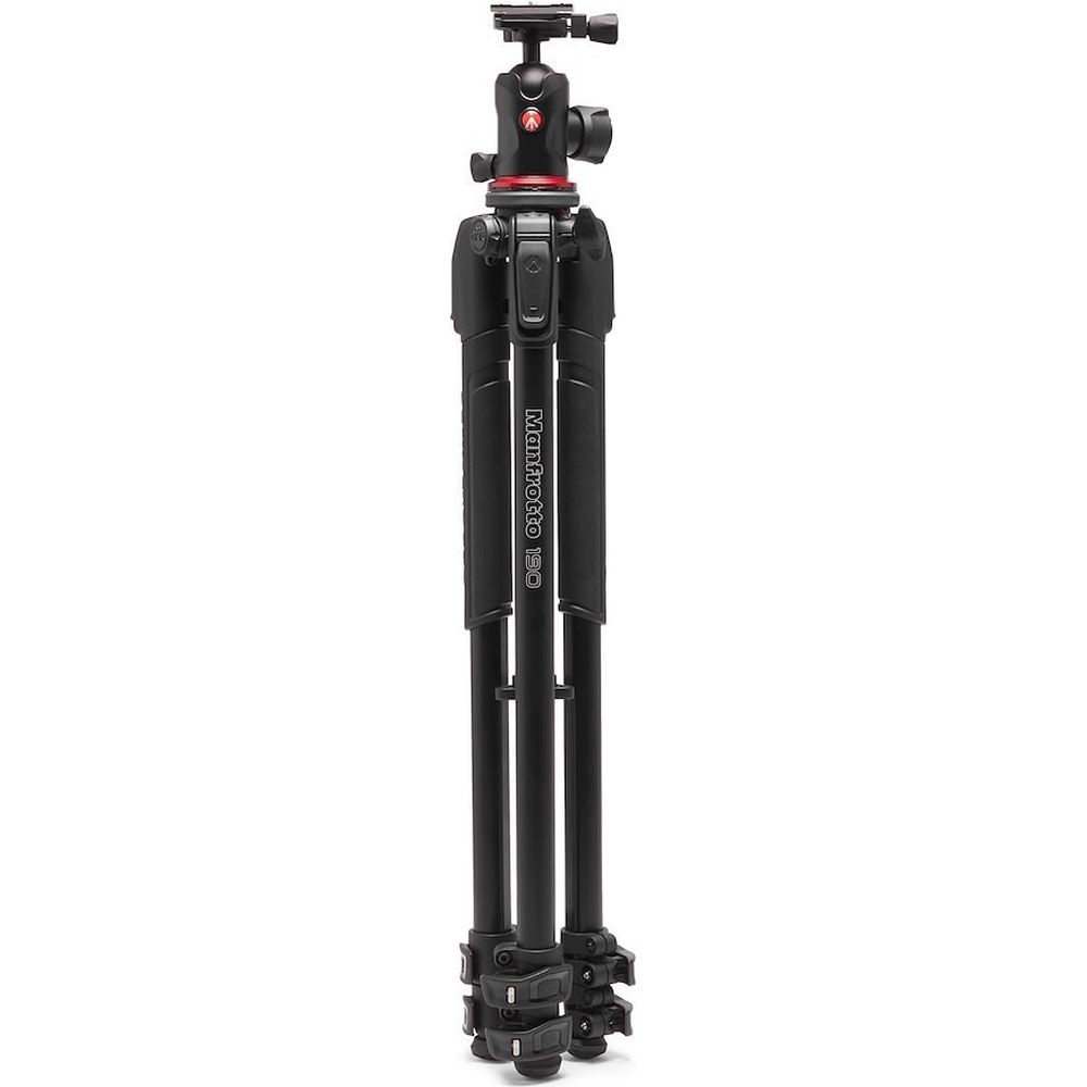 Un treppiede Manfrotto 190 nero con testa a sfera, su sfondo bianco.