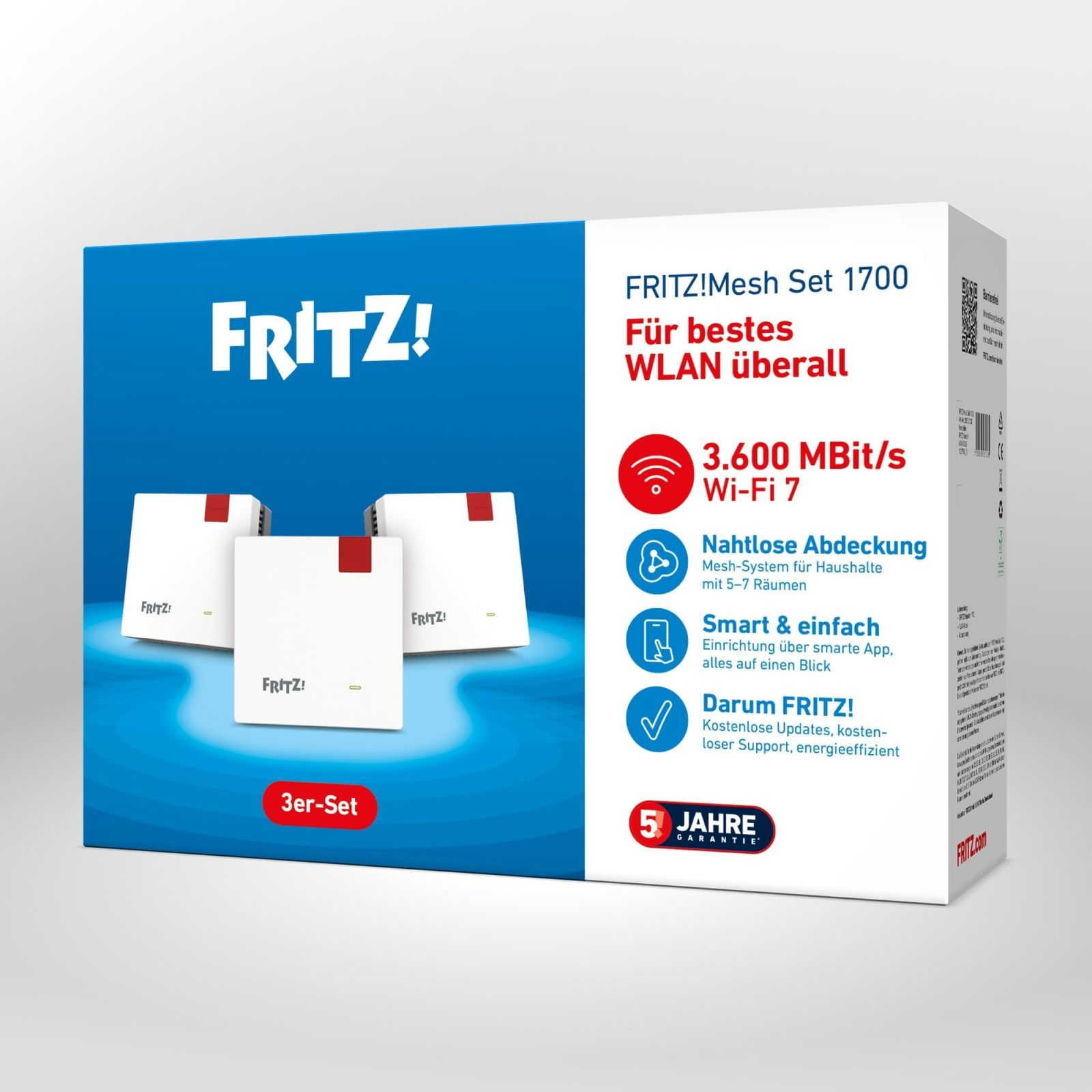 FRITZ!Mesh Set 1700 con tre dispositivi bianchi. Offre 3.600 Mbit/s Wi-Fi 7.