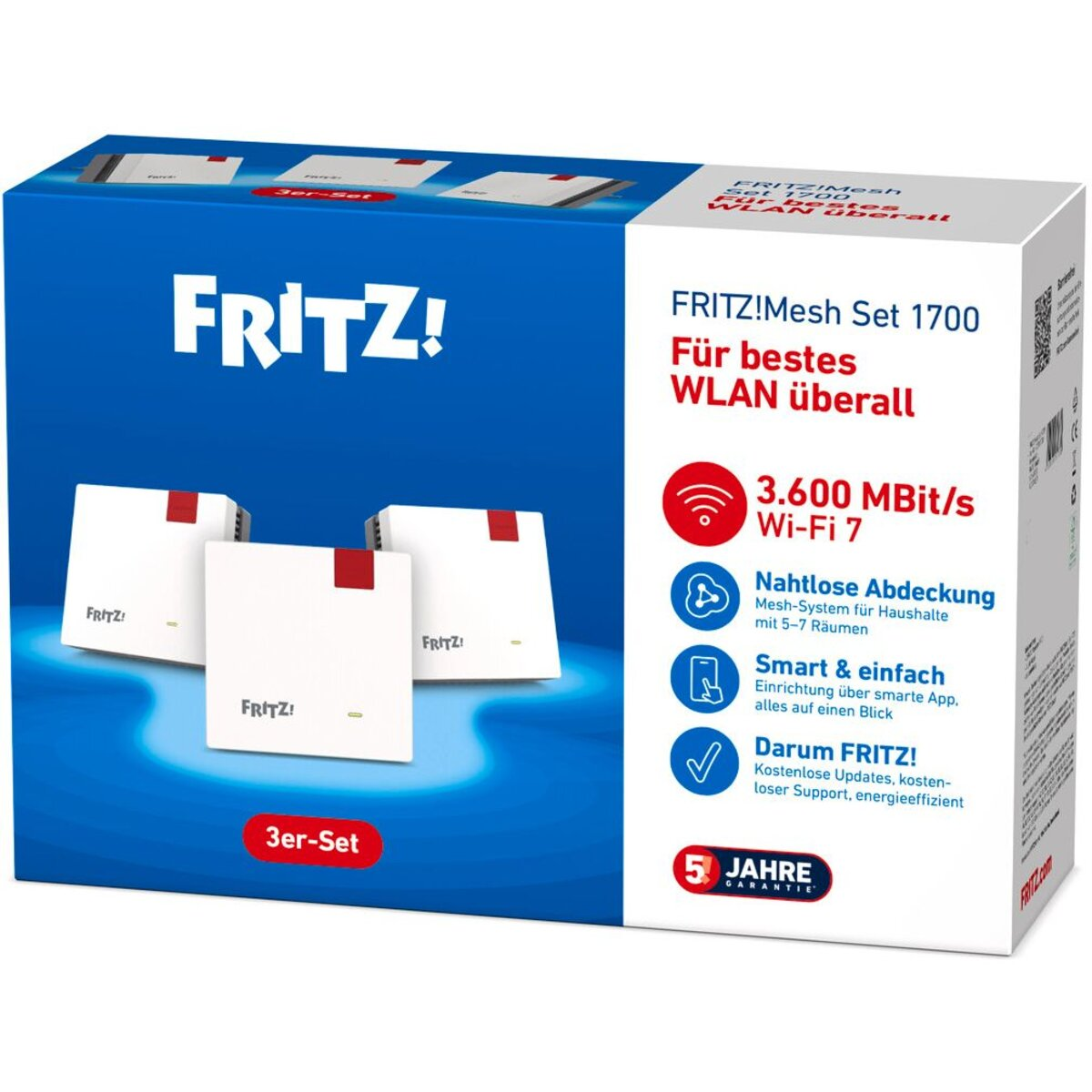 FRITZ!Mesh Set 1700 con tre dispositivi bianchi per Wi-Fi veloce.