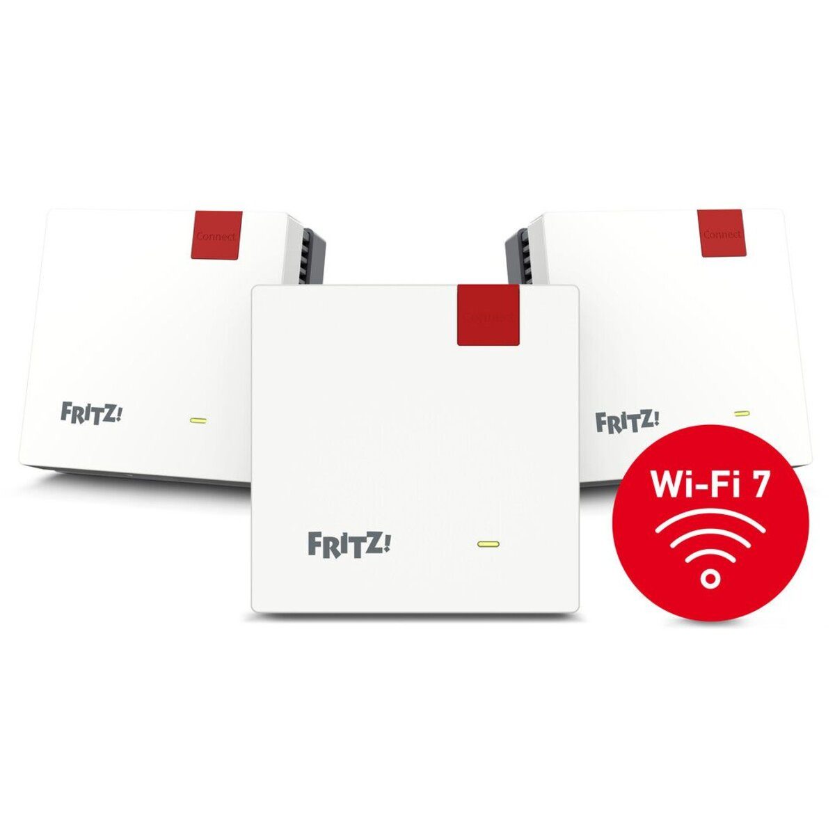 Tre dispositivi Fritz!Box bianchi con accento rosso e logo Wi-Fi 7.