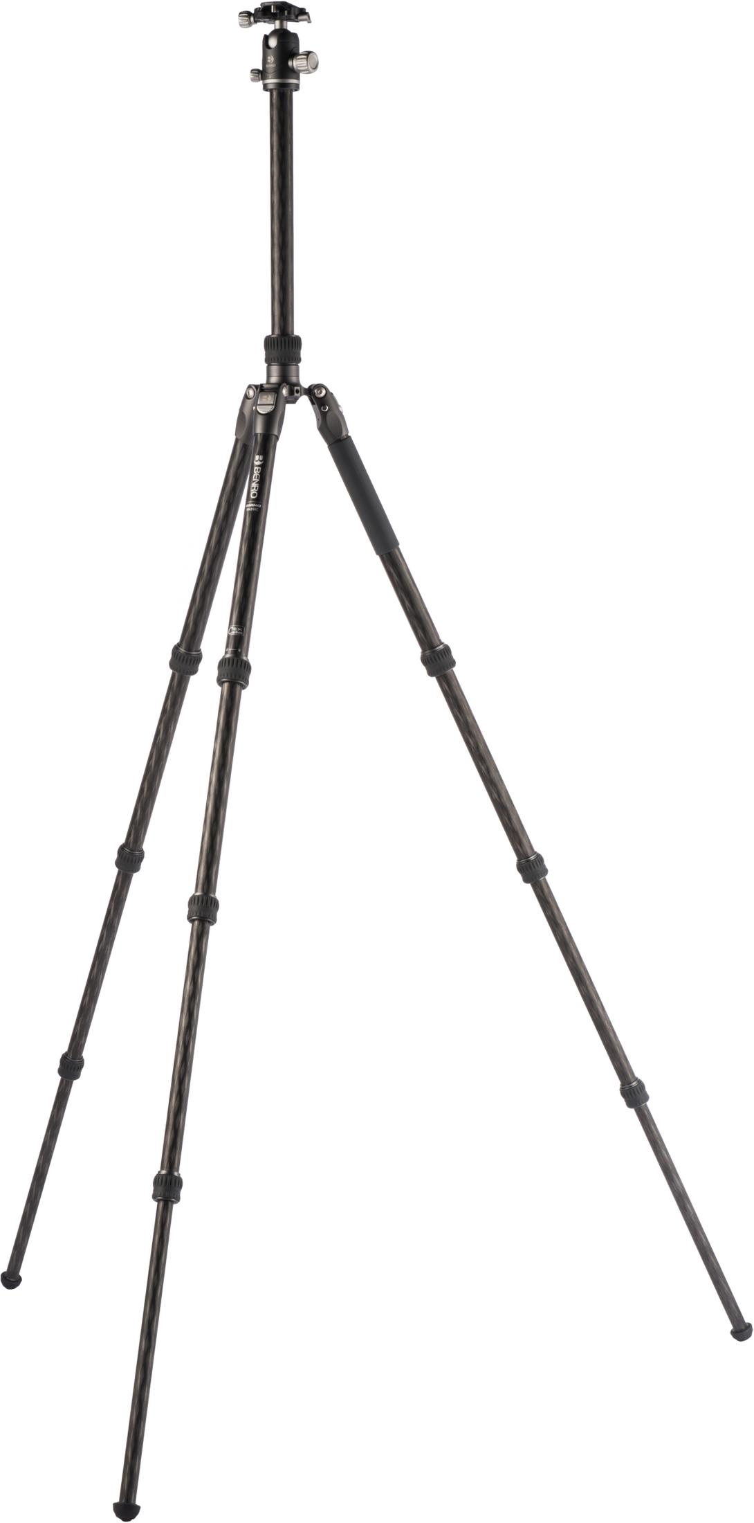 A black carbon fiber tripod with a ball head on a white background.