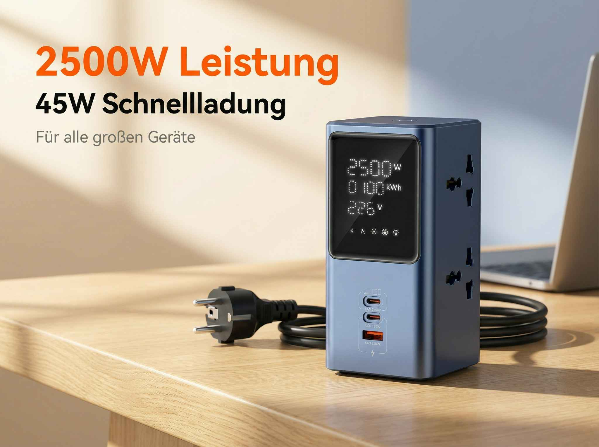 Blauer 2500W Power-Adapter mit USB-Anschlüssen und digitalem Display.