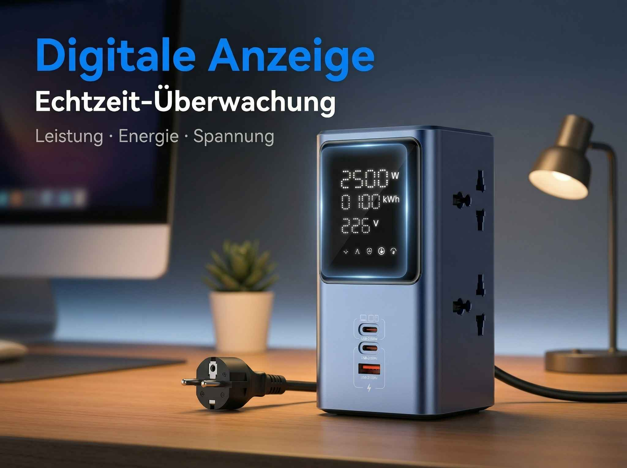 Ein blauer Mehrfachstecker mit digitaler Anzeige, der Leistung, Energie und Spannung anzeigt.