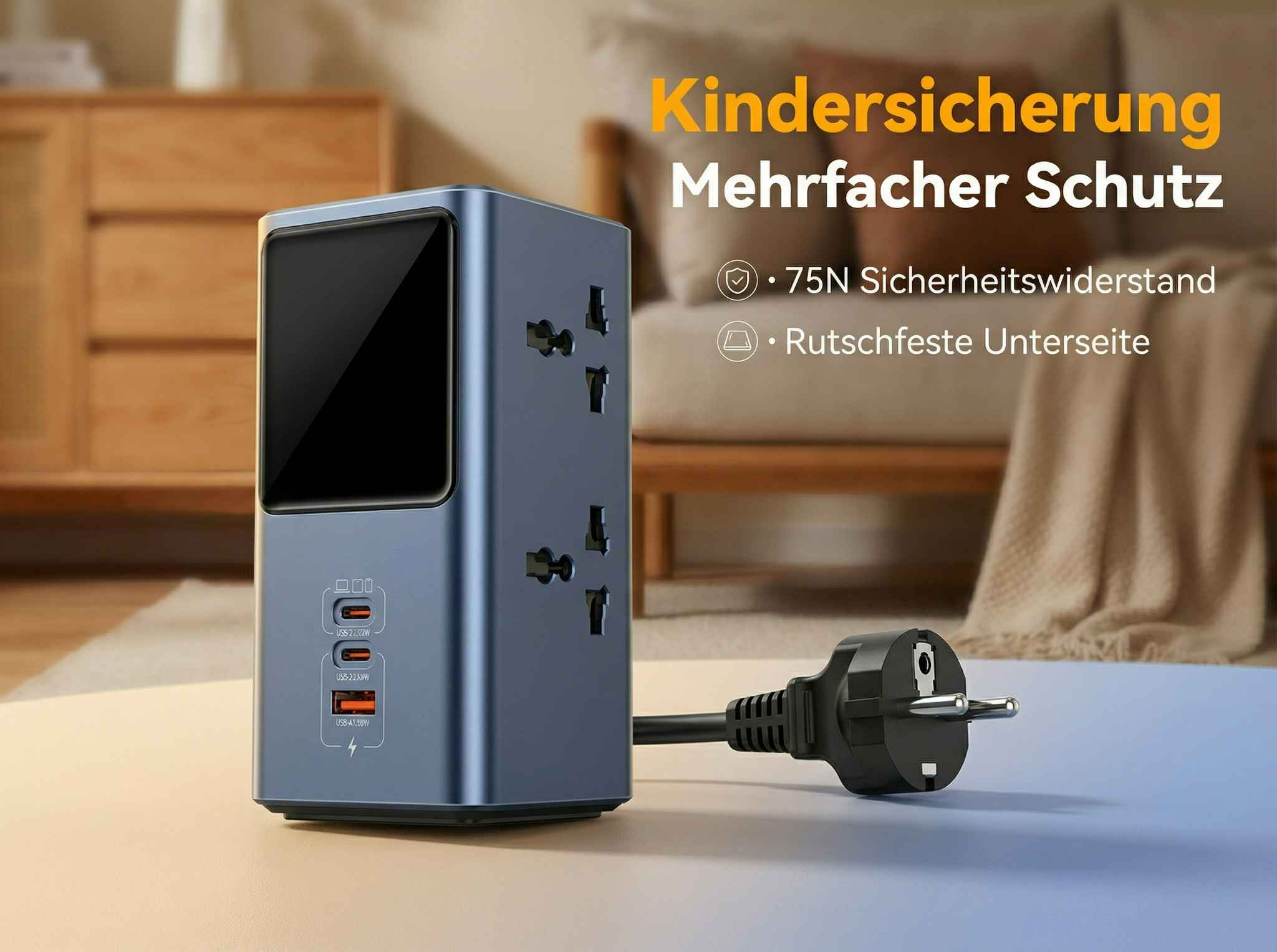Ein blauer Mehrfachstecker mit USB-Anschlüssen und einem Stecker.