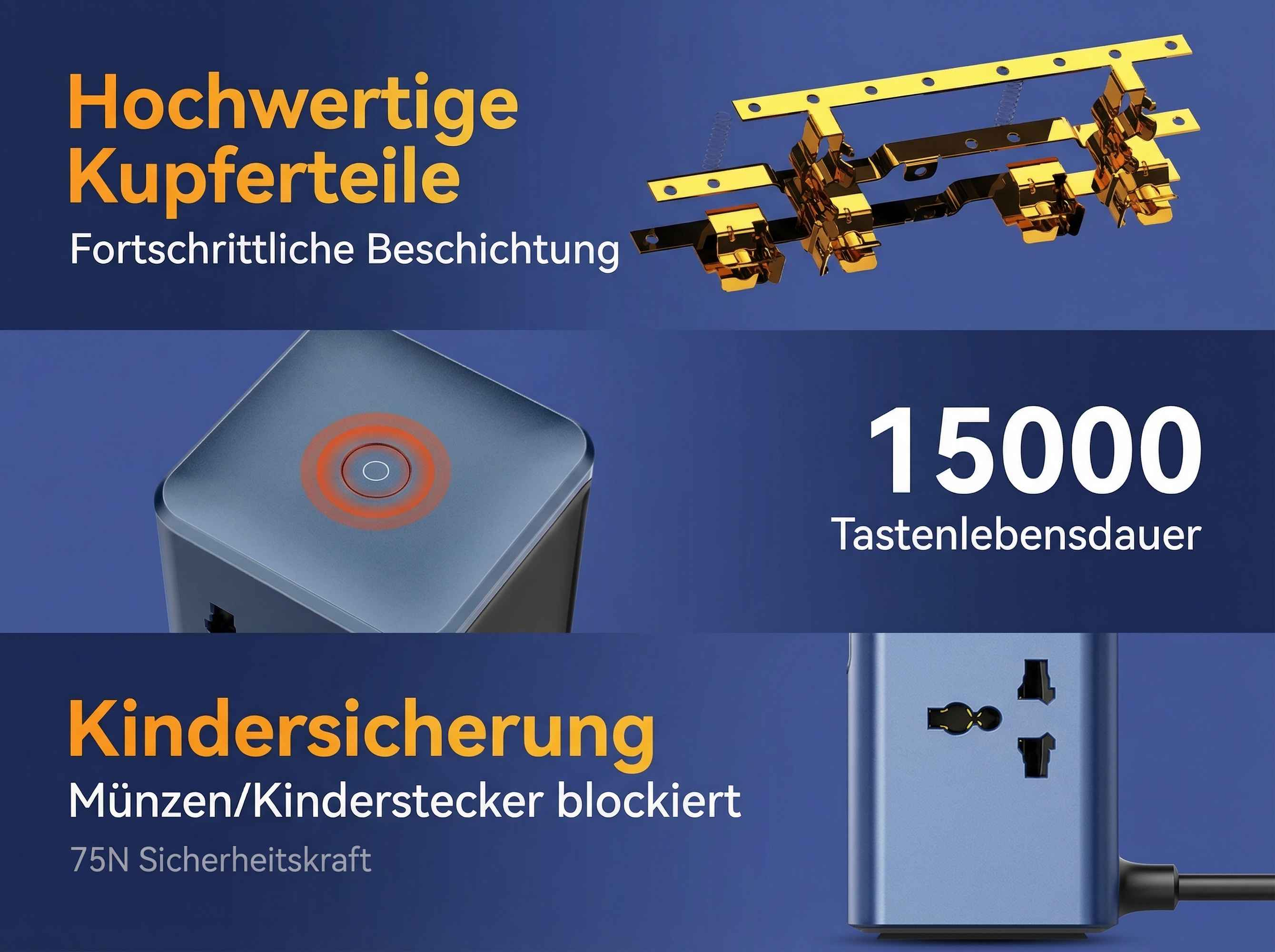 Hochwertige Kupferteile, 15000 Tastenlebensdauer, Kindersicherung.