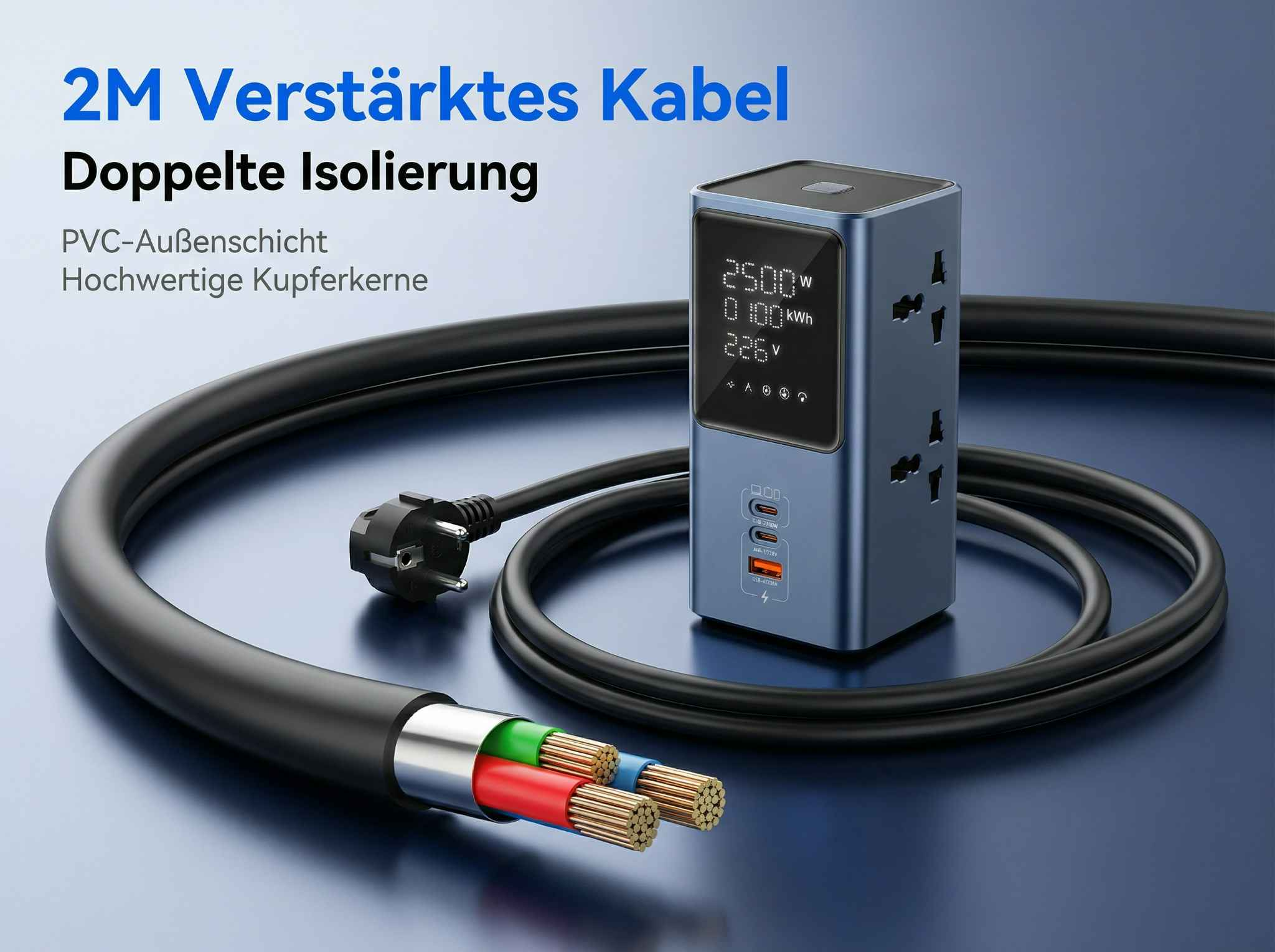 Ein blauer Mehrfachstecker mit Kabel, der 2500W anzeigt.