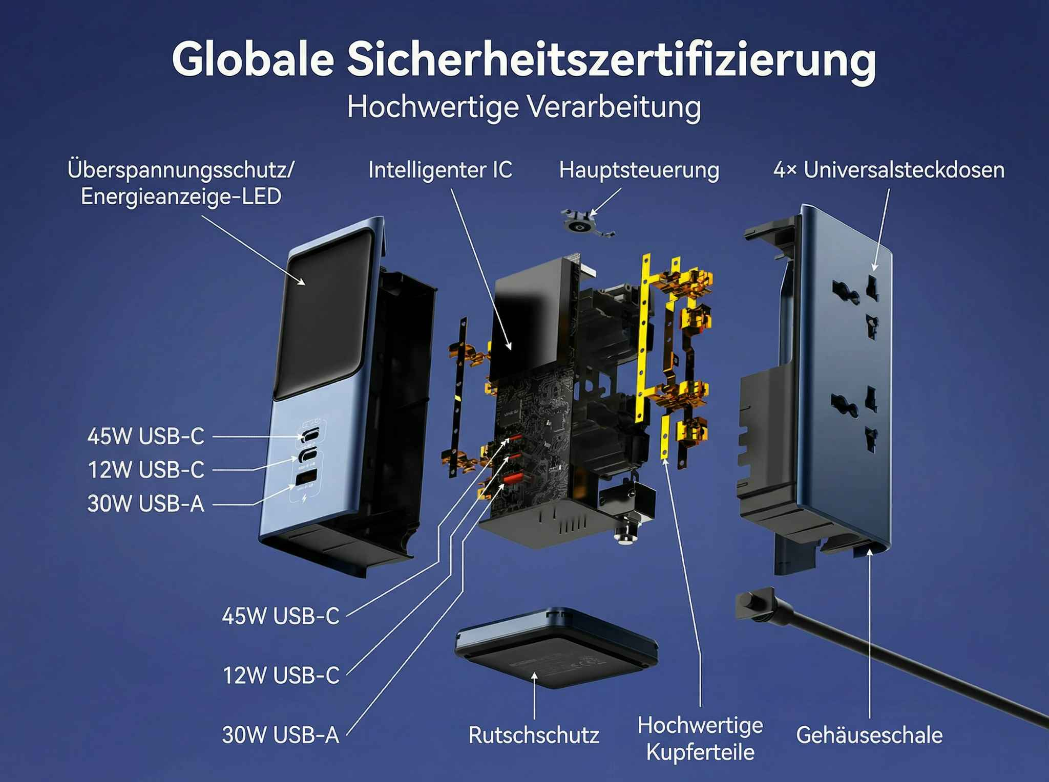 Explosionszeichnung eines Netzadapters mit USB-C- und USB-A-Ports.