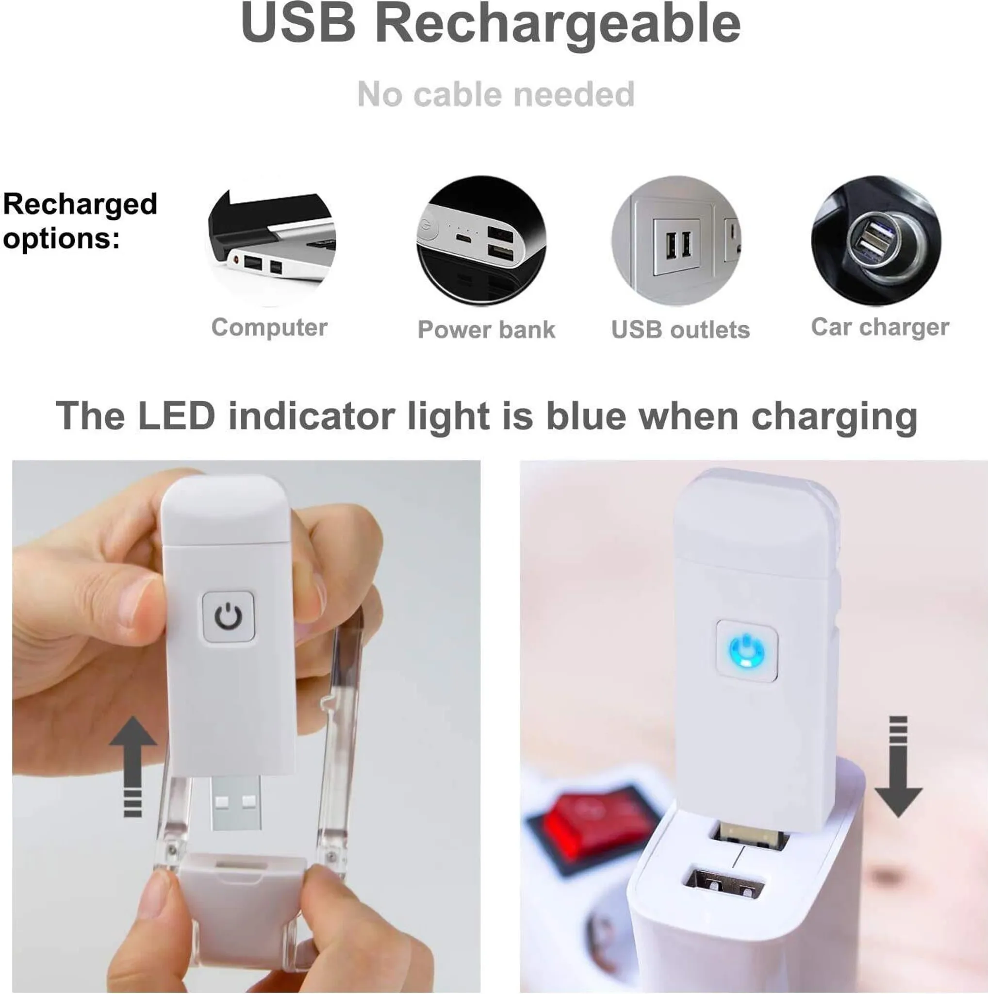 USB-Ladegerät mit blauem LED-Licht, das in verschiedene Stromquellen gesteckt wird.