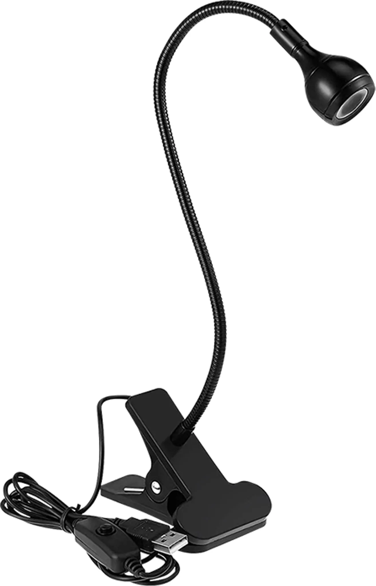 Schwarze Klemmlampe mit flexiblem Hals und USB-Kabel.
