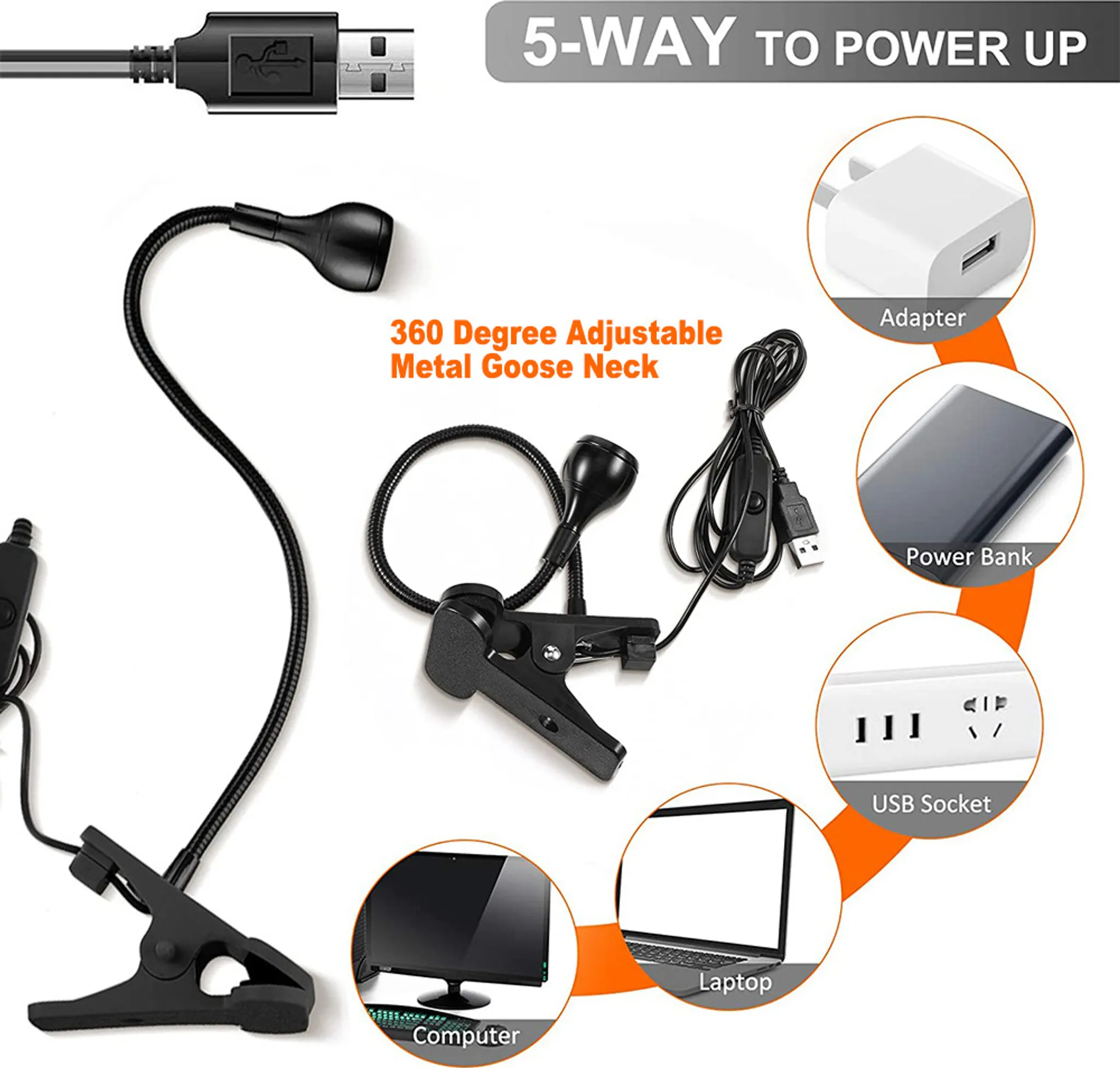 Klemm-Schwanenhalslampe mit USB-Stromoptionen: Netzteil, Powerbank, USB-Buchse.