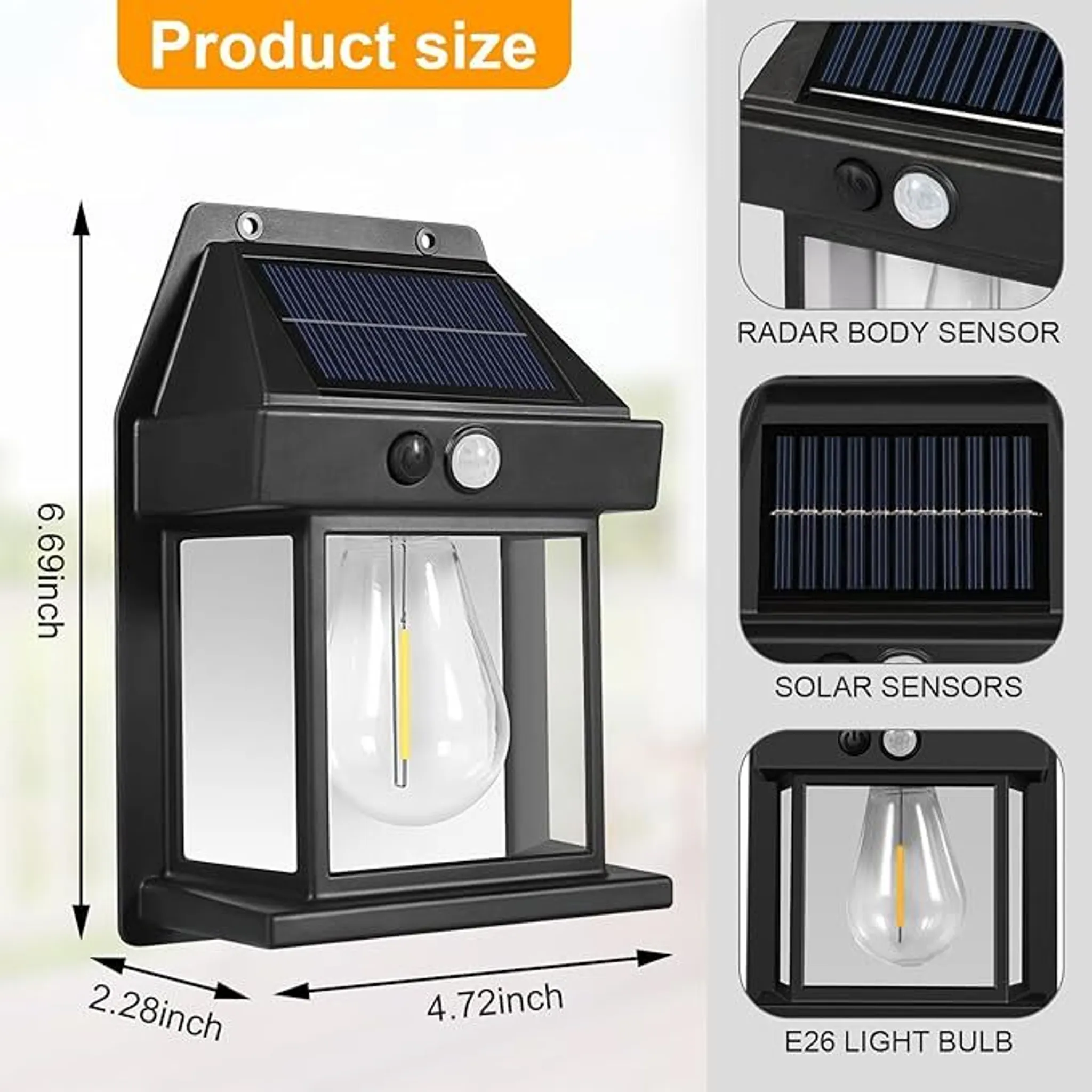 Schwarze Solarleuchte mit Glühbirne, Bewegungssensor und Maßen.