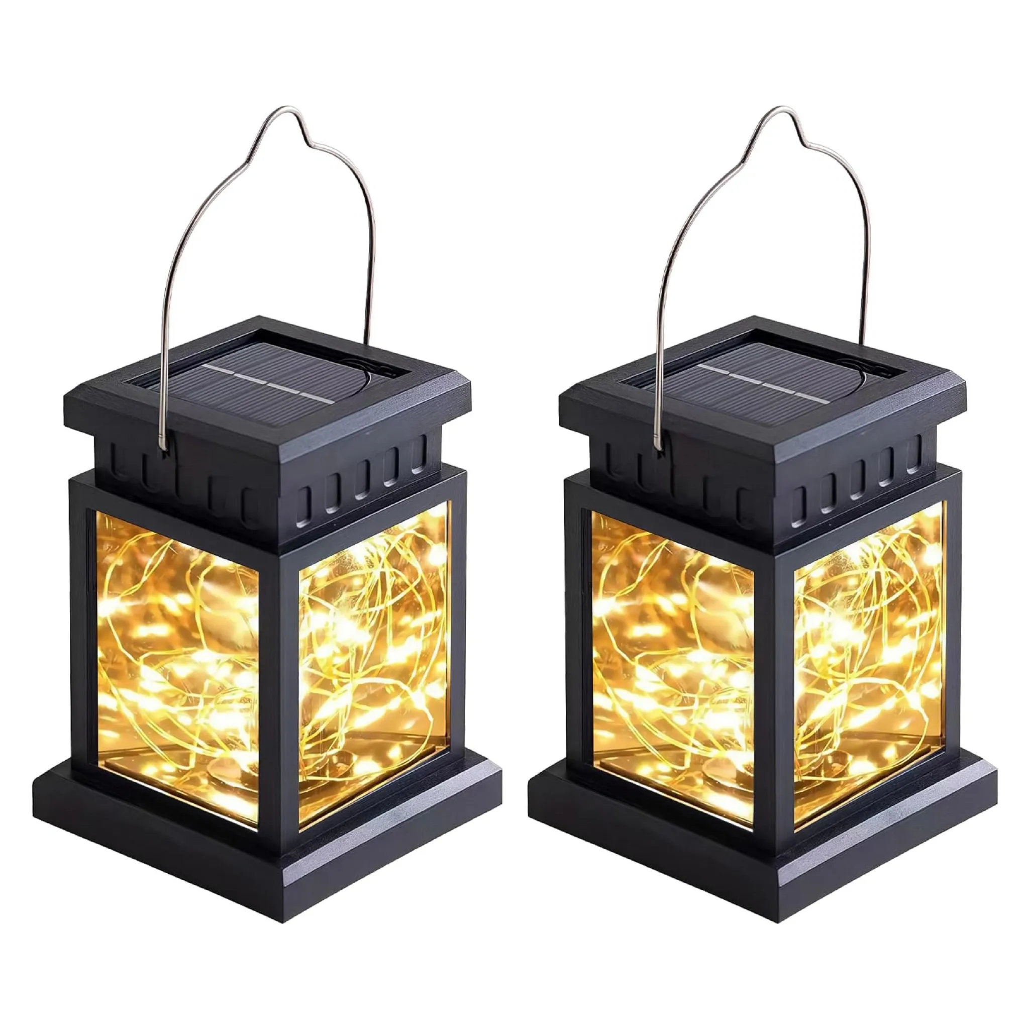 Zwei schwarze Solarlaternen mit goldenen Lichtern auf weißem Hintergrund.
