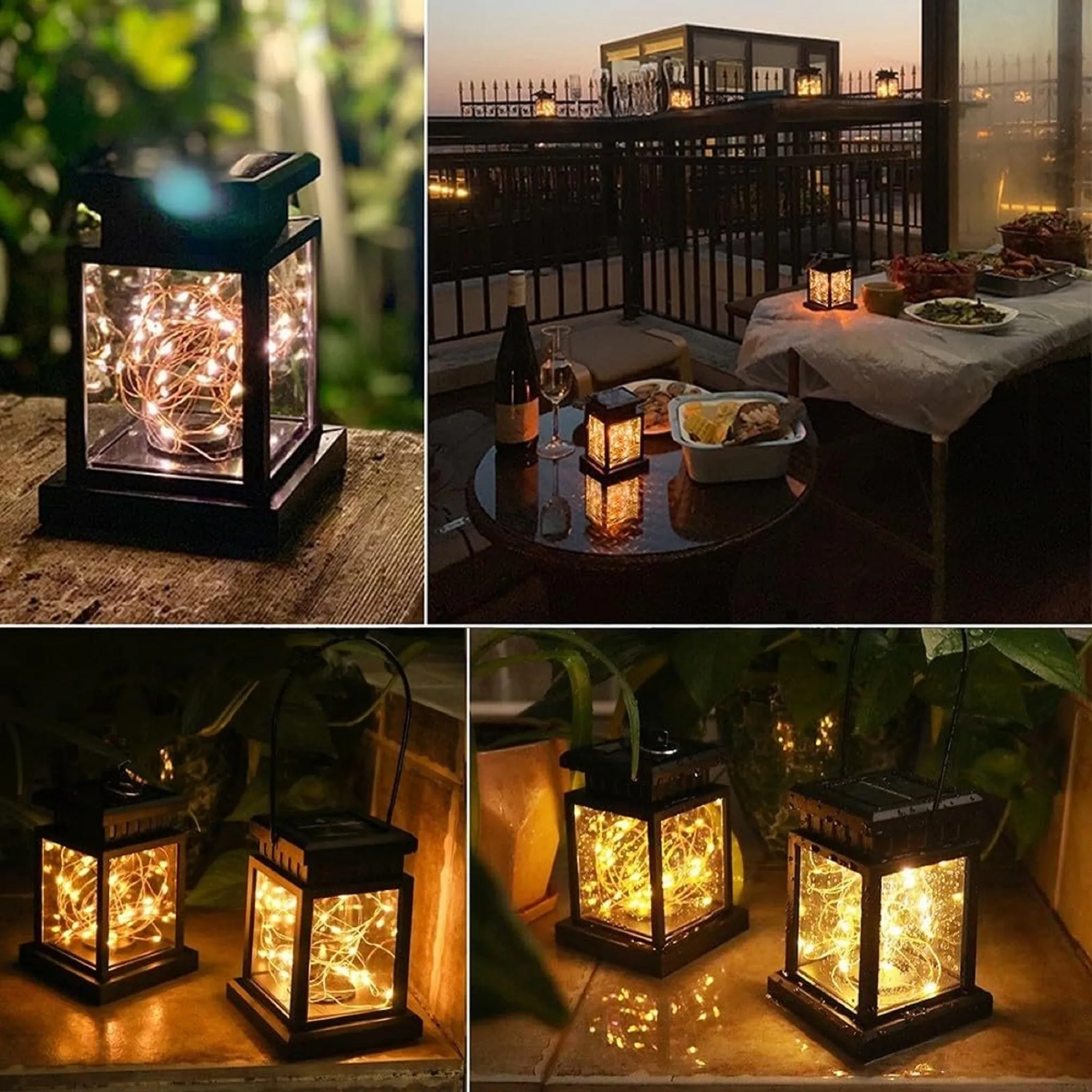 Dekorative Solarleuchten mit warmweißen LED-Lichtern, auf einem Tisch und im Freien.