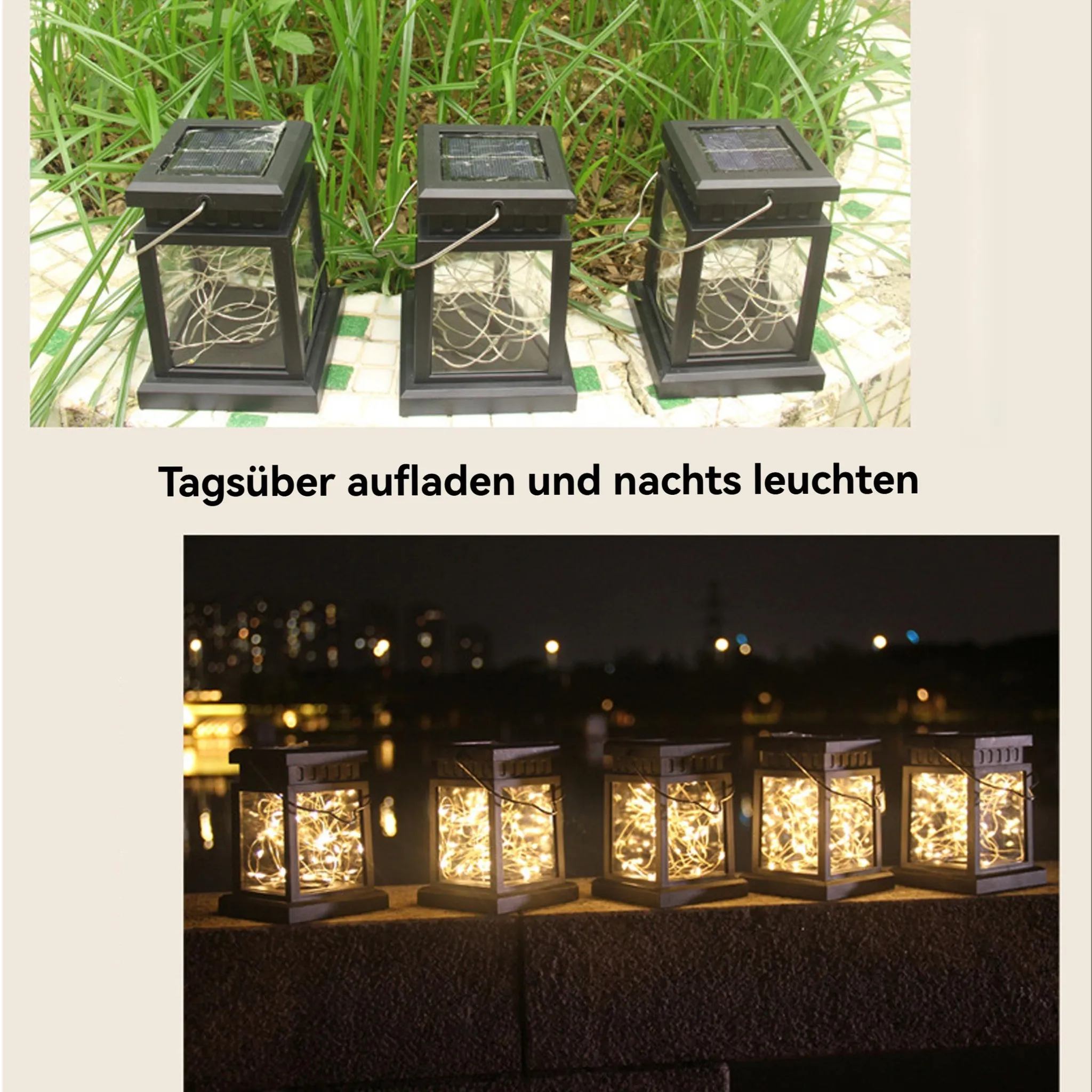 Schwarze Solar Laternen mit Lichterketten, Tag und Nacht Ansichten.
