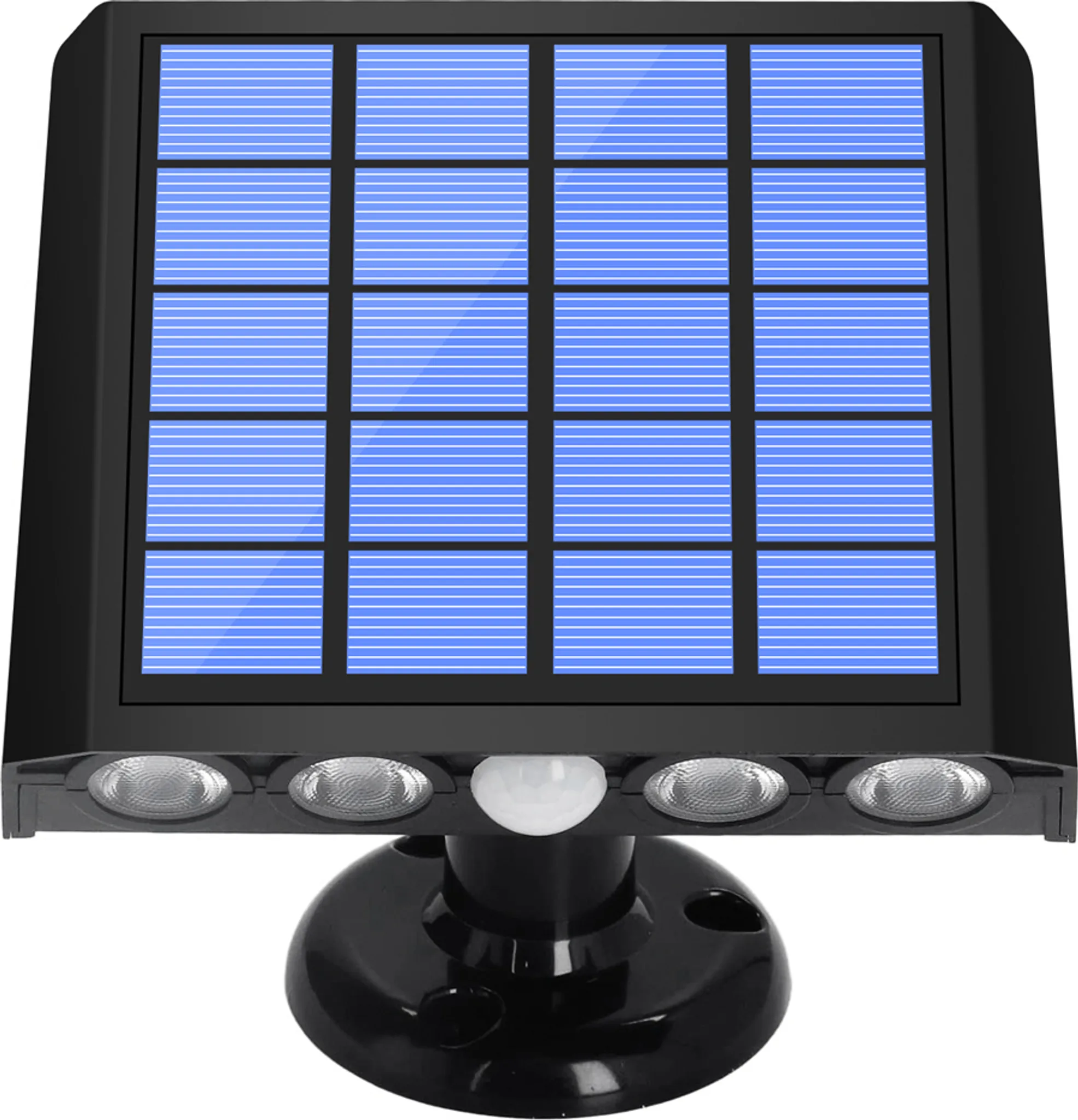 Schwarze Solarlampe mit blauer Paneele und vier Lichtern.