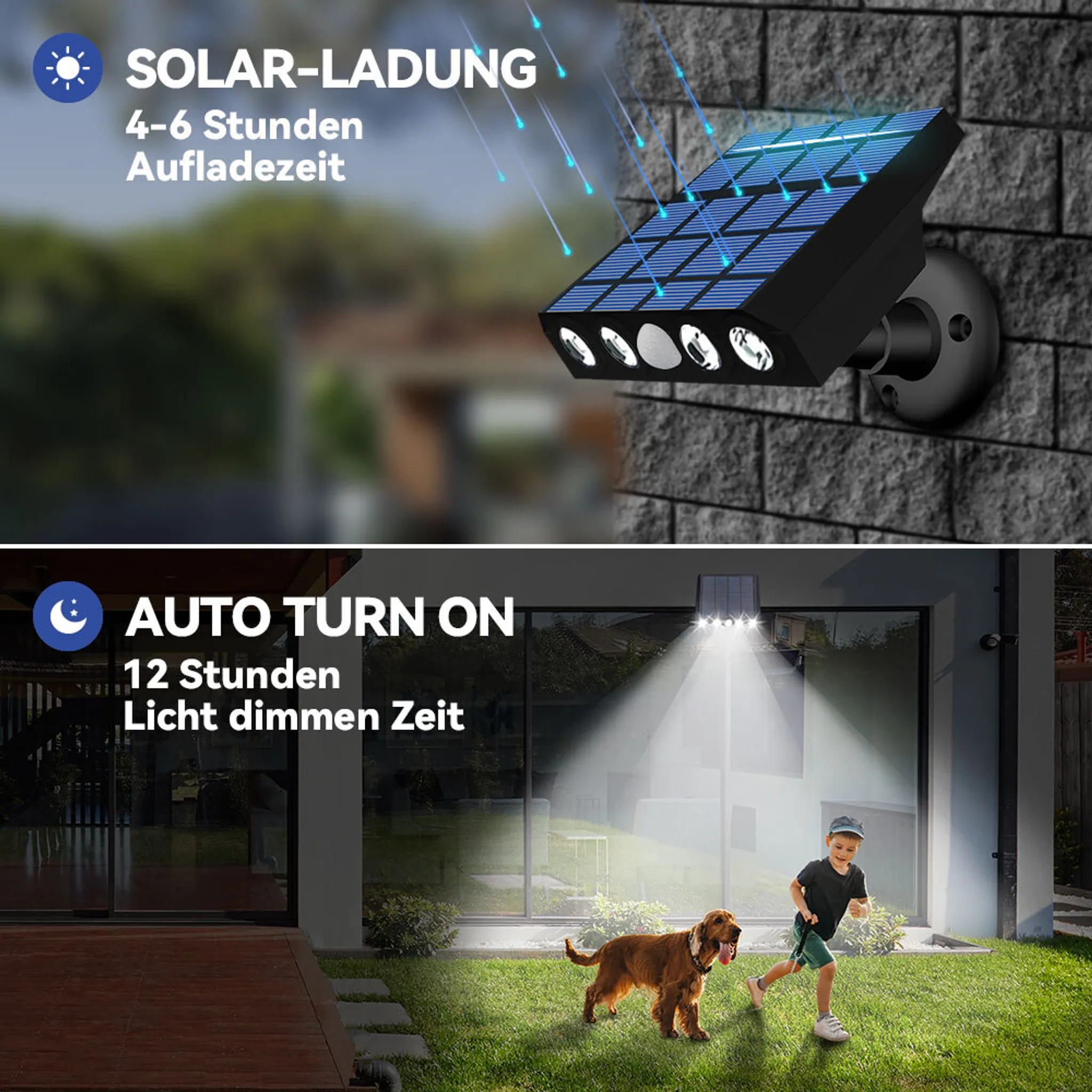 Solarleuchte mit Ladeanzeige und Bewegungssensor beleuchtet Hof mit Kind und Hund.