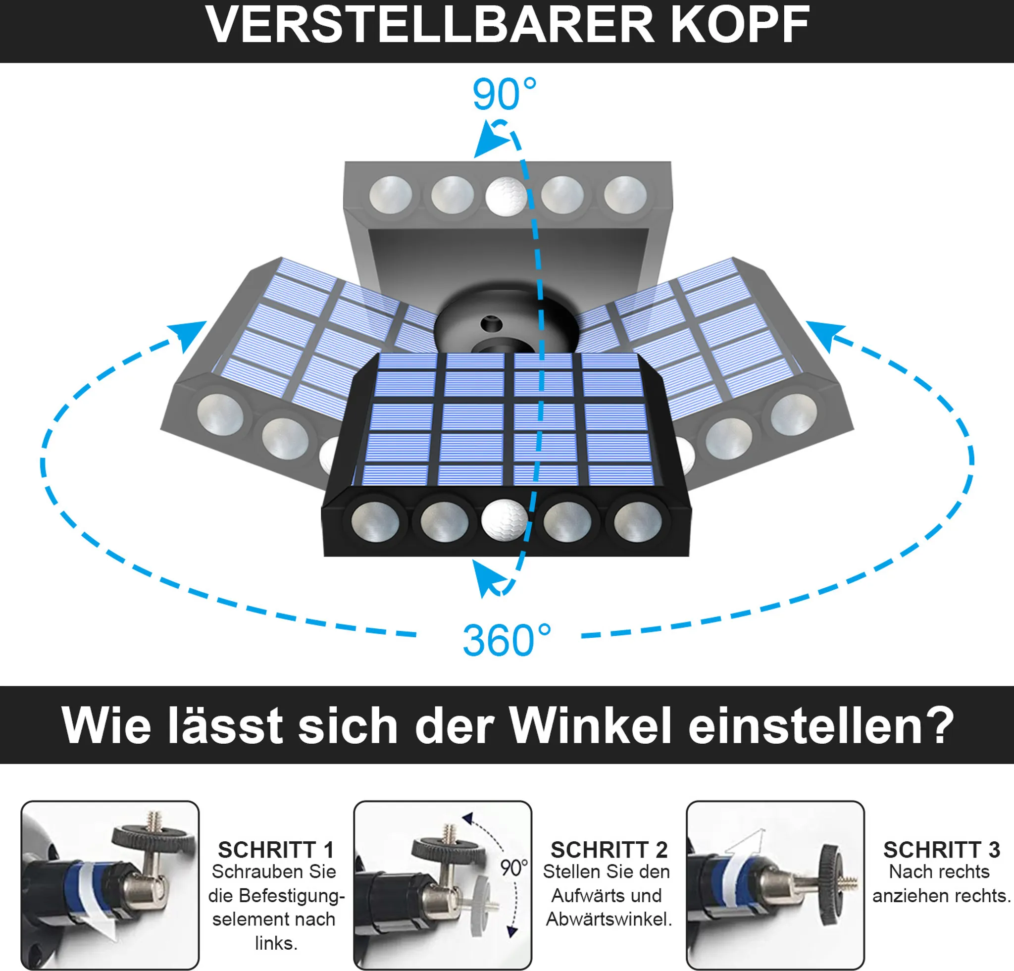 Verstellbarer Kopf: Anleitung zum Einstellen des Winkels mit 90° und 360°.